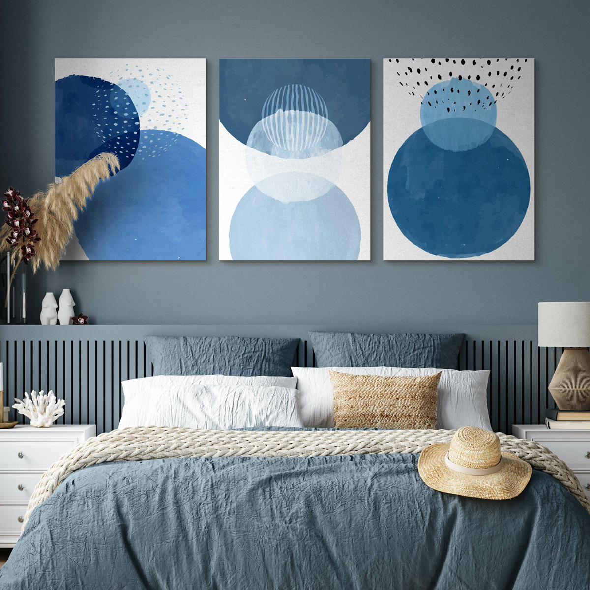 LEINWANDBILDER 3-er Set Kreise Boho Stil - Türkis/Blau, Textil (90/40cm) - Muralo