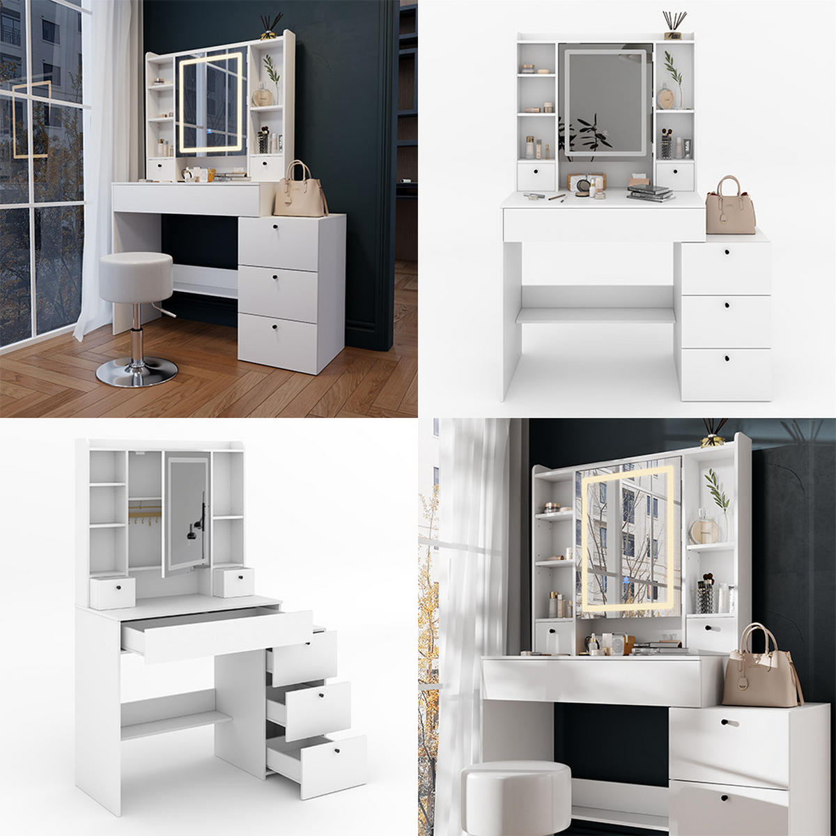 SCHMINKTISCH Livora Weiß 105.5 cm mit LED-Spiegel - Weiß, Holzwerkstoff (105.5/146.5/40cm) - Vicco