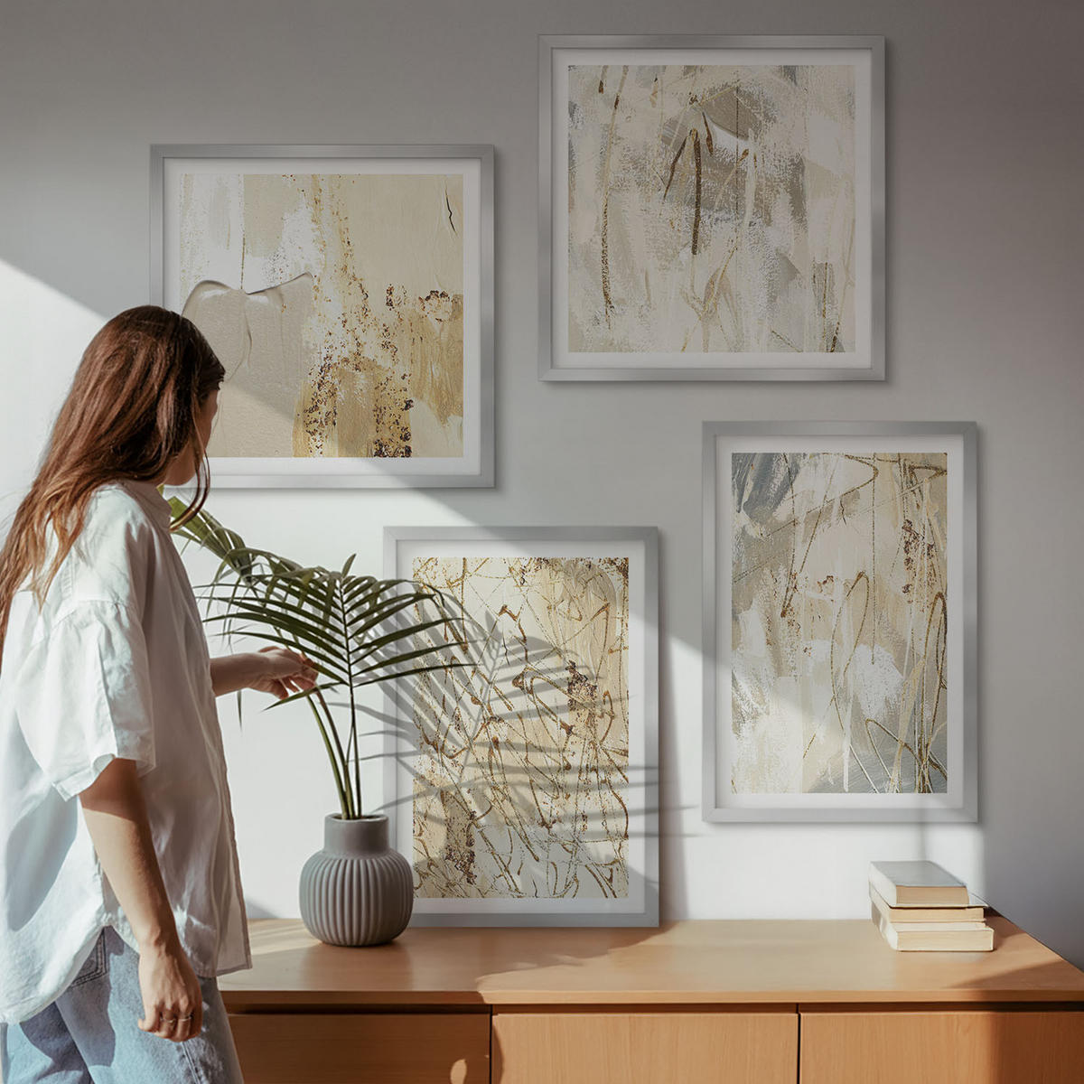 BILDER SET 4er Set - 50x50 cm & 40x60 cm Silberner Rahmen - Beige abstrakte Formen Linien - Silberfarben, Kunststoff (50/50cm) - TULUP