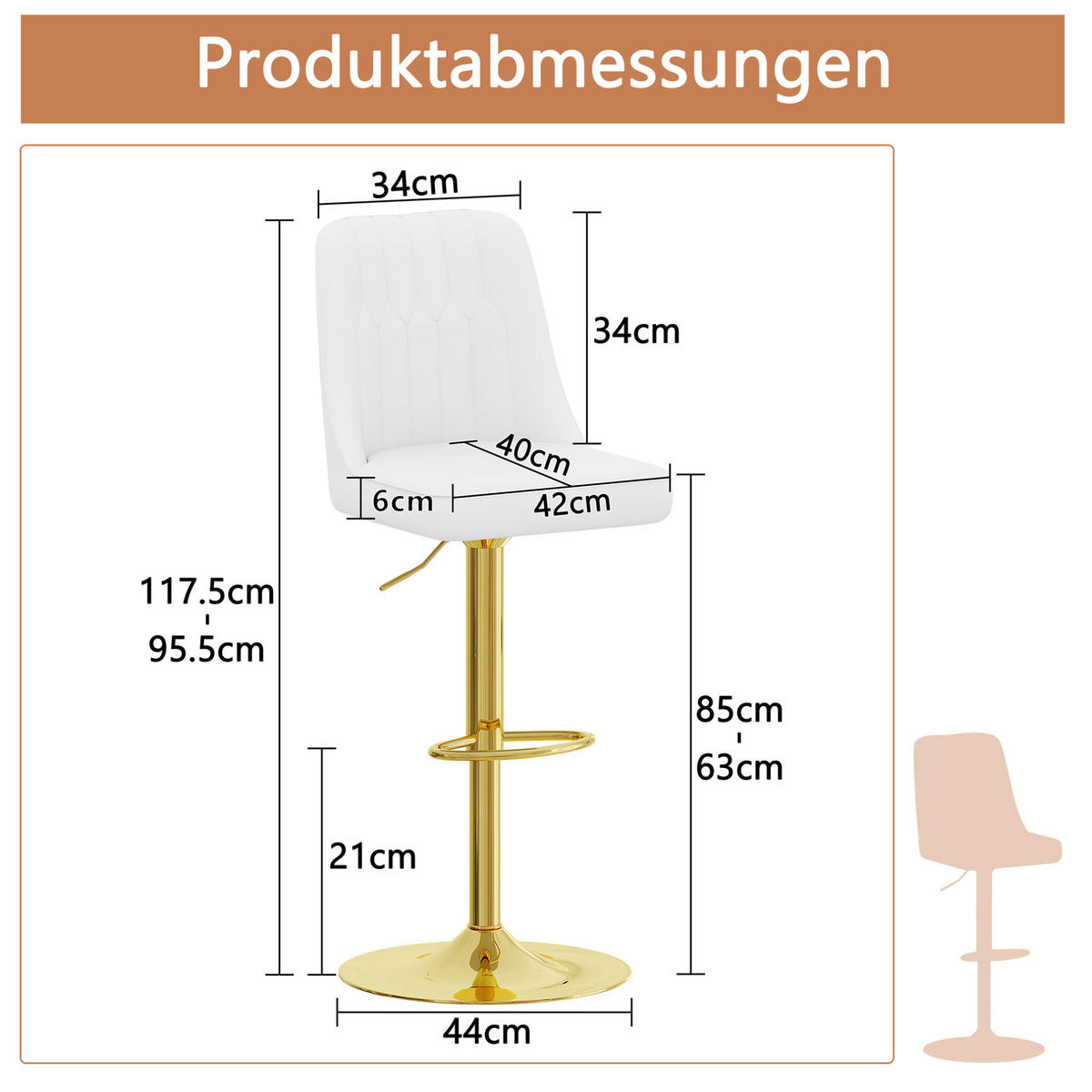 BARHOCKER höhenverstellbar 2er-Set drehbar Weiß-Gold - Goldfarben, Metall (44/117.5/44.1cm) - Meubliv