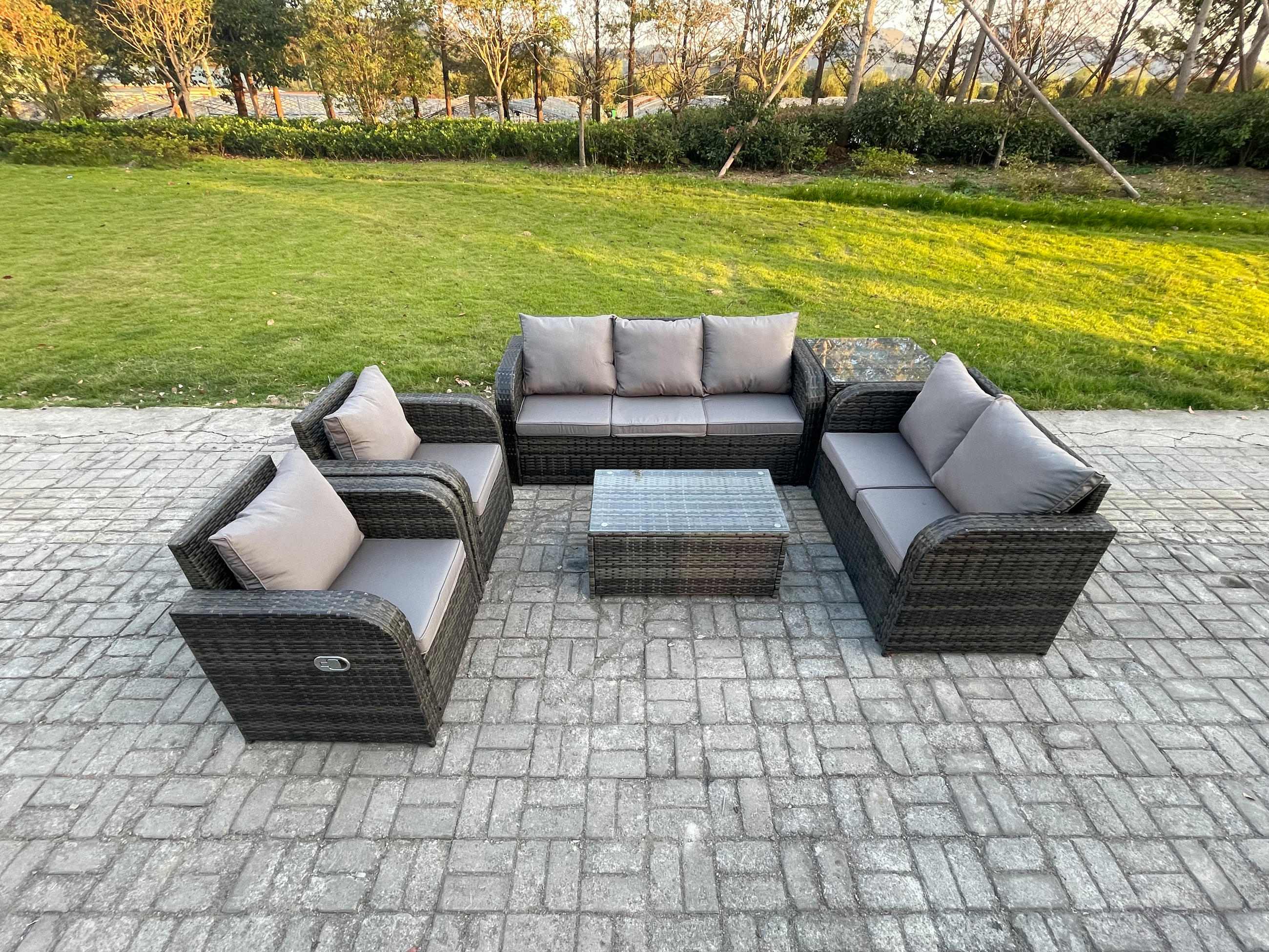 GARTENMÖBELSET mit Couchtisch Polyrattan 7-Sitzer - Dunkelgrau/Grau, Glas/Kunststoff - Fimous