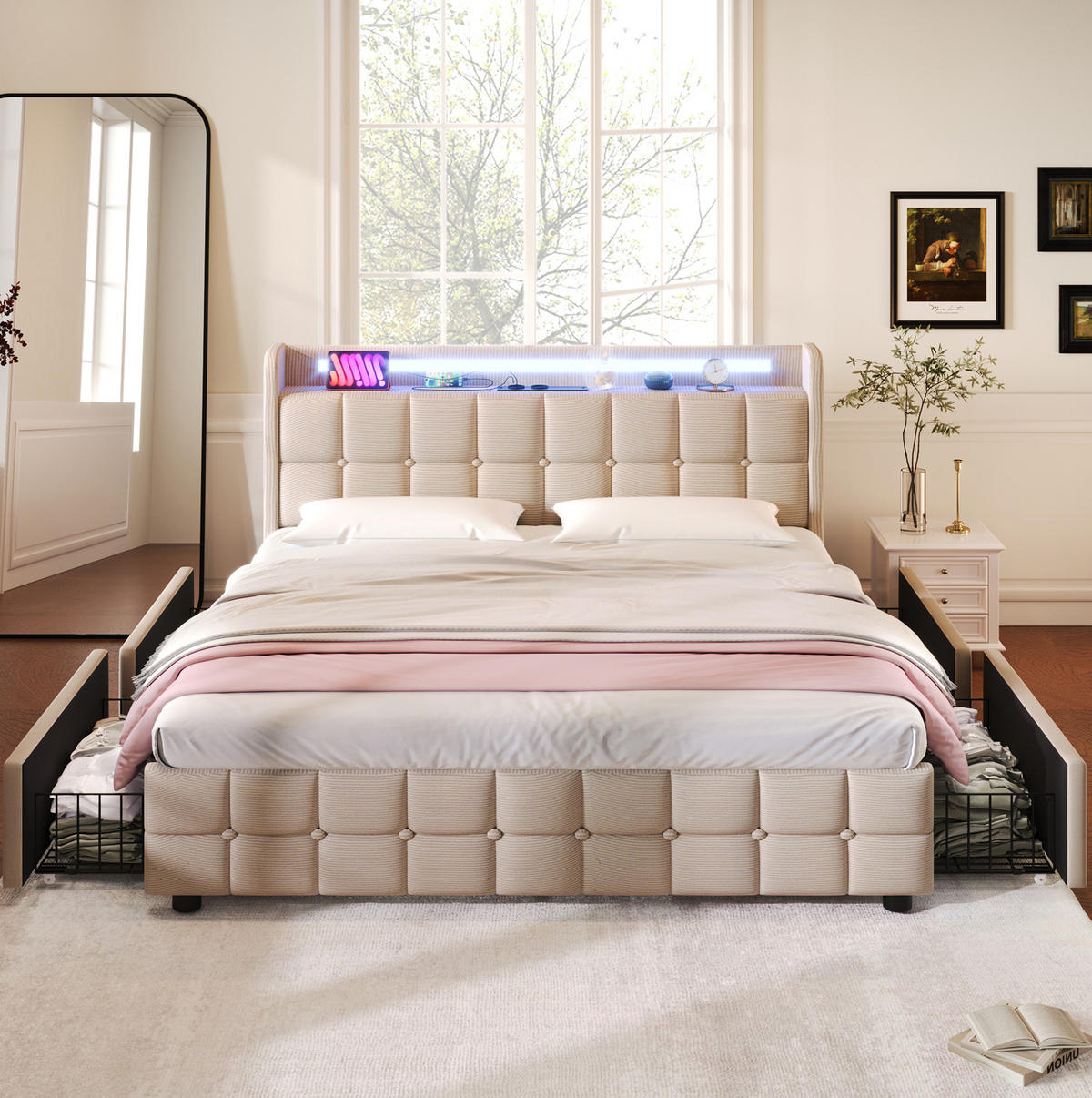 POLSTERBETT 160/200 cm mit USB, Steckdosen, LED-Beleuchtung, 4 Schubladen und Matratze, Beige - Beige, Holz (160/160cm) - Redom