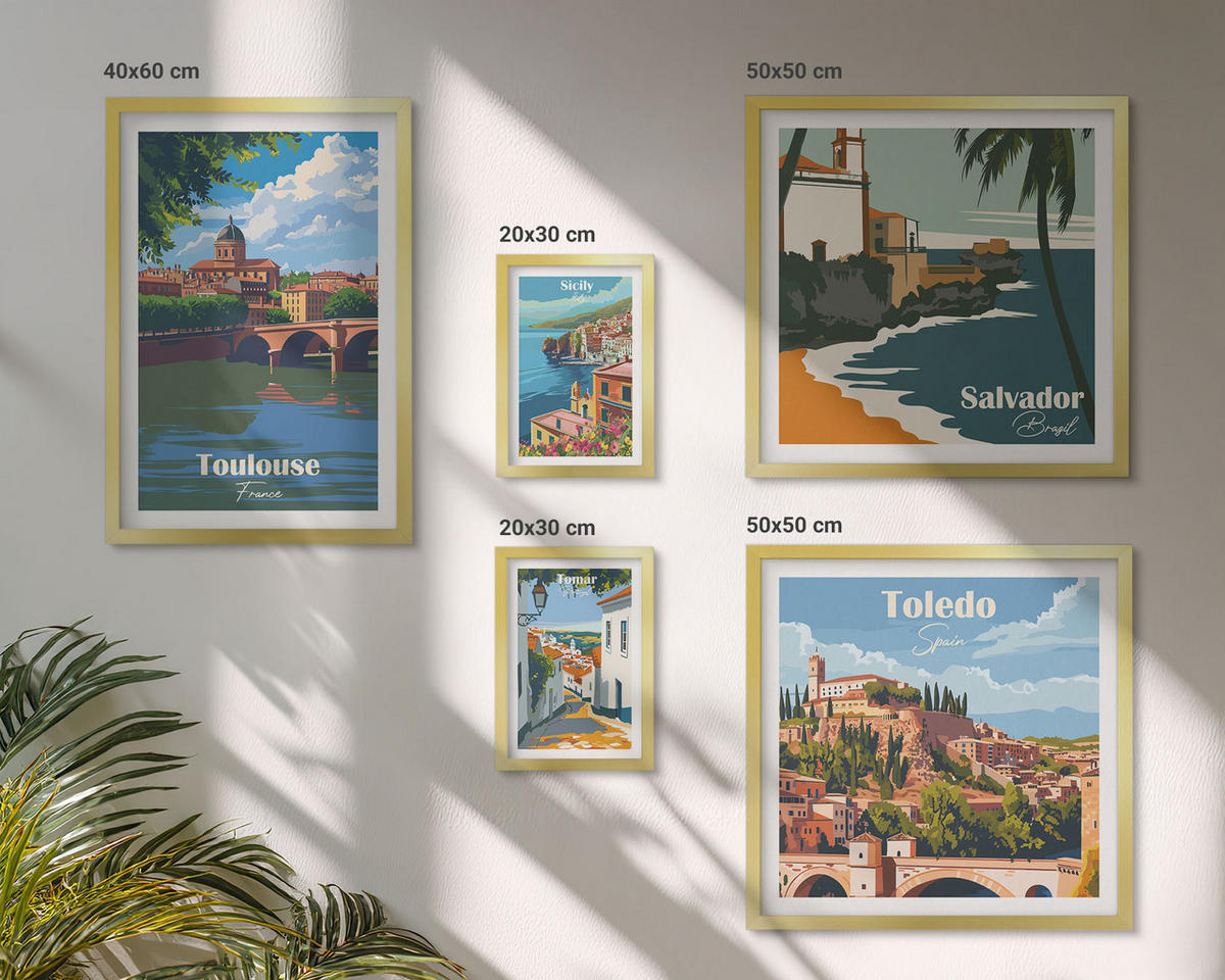 BILDER SET 5er Set - 50x50 cm & 20x30 cm & 40x60 cm Goldrahmen - Illustrationen zur Retro-Architektur der Berge - Goldfarben, Kunststoff (40/60cm) - TULUP