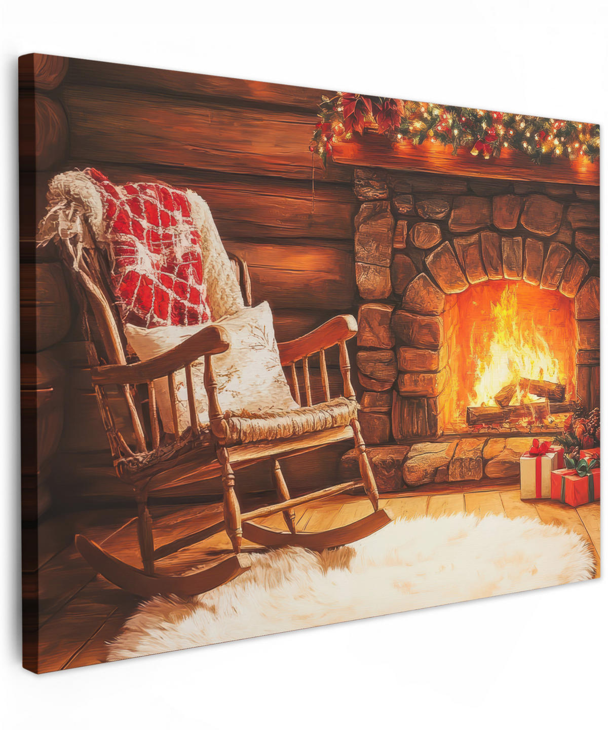 LEINWANDBILD Winter - Weihnachten - Zuhause - Kamin Wandbilder 80x60 cm - Bernsteinfarben, Textil (80/60cm) - MuchoWow
