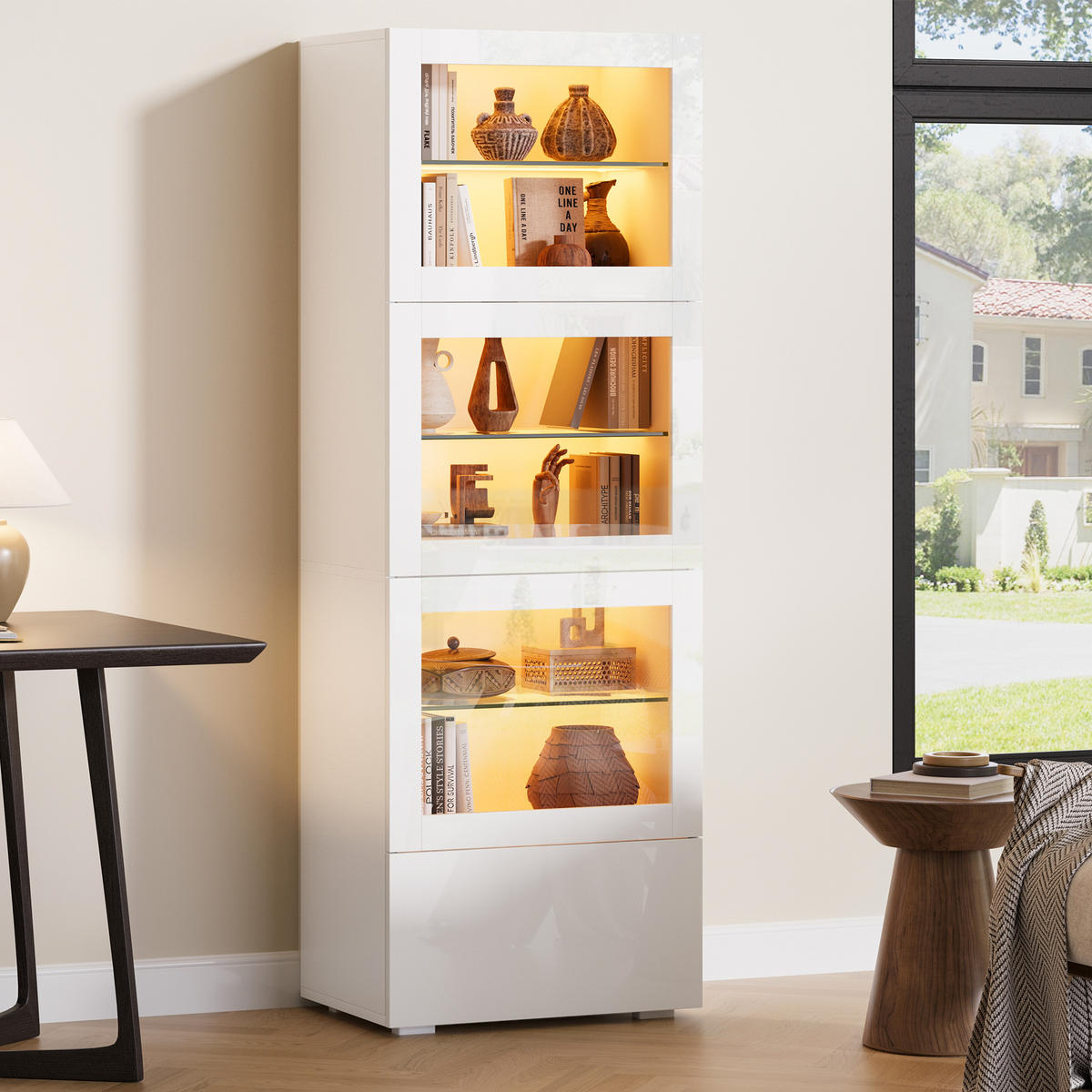VITRINE LED Hochglanz Acryl Tür 3 Glasböden Weiß 173cm Highboard - Weiß, Glas (60/173/40cm) - FLIEKS