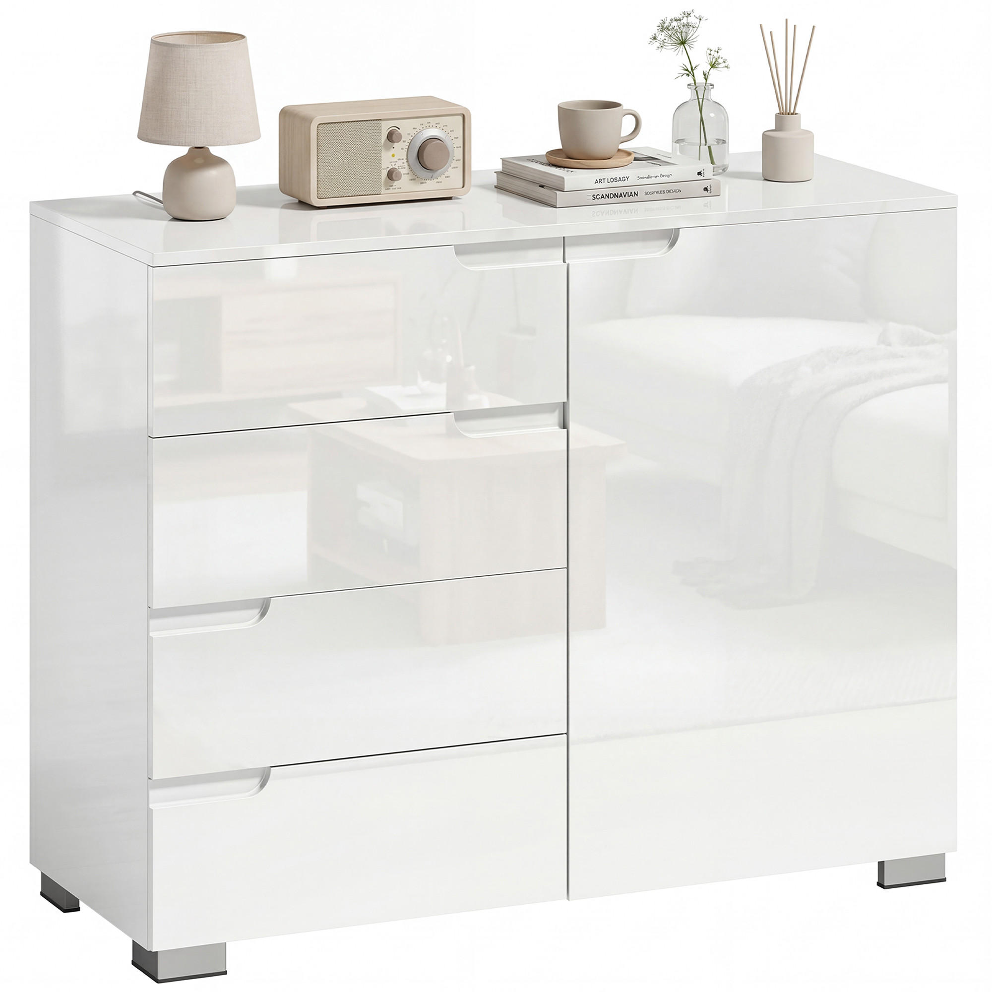SIDEBOARD Weiß Hochglanz, 4 Schubladen, 1 Tür, 100/40/80 cm - Weiß Hochglanz, Holz (100/80/40cm) - PANGIVO