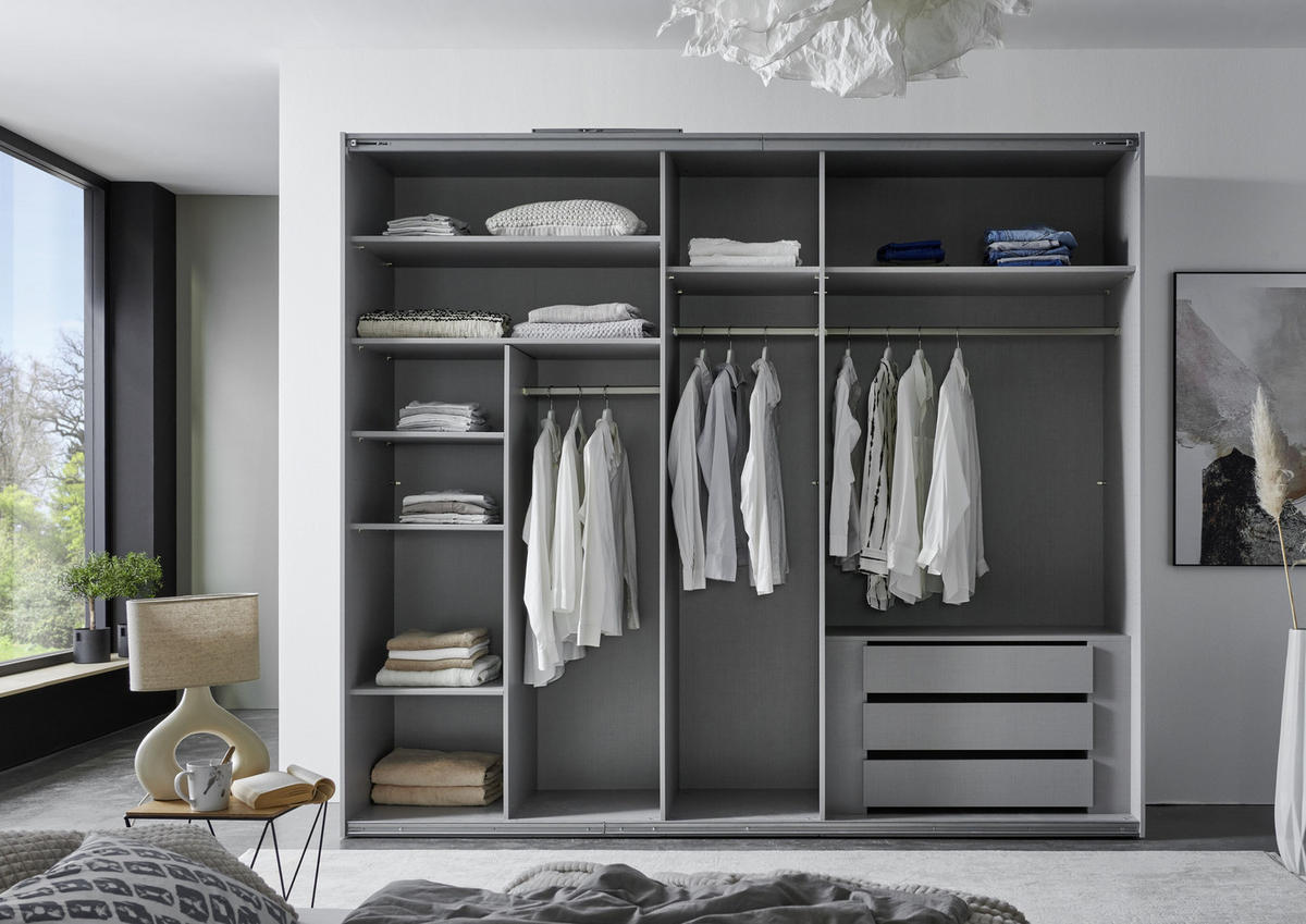 SCHWEBETÜRENSCHRANK 3-türig B250/H216/T65 cm inkl. Vollausstattung in Weiß / 22010 - Schwarz/Weiß, Holzwerkstoff/Metall (250/216/65cm) - luma-home