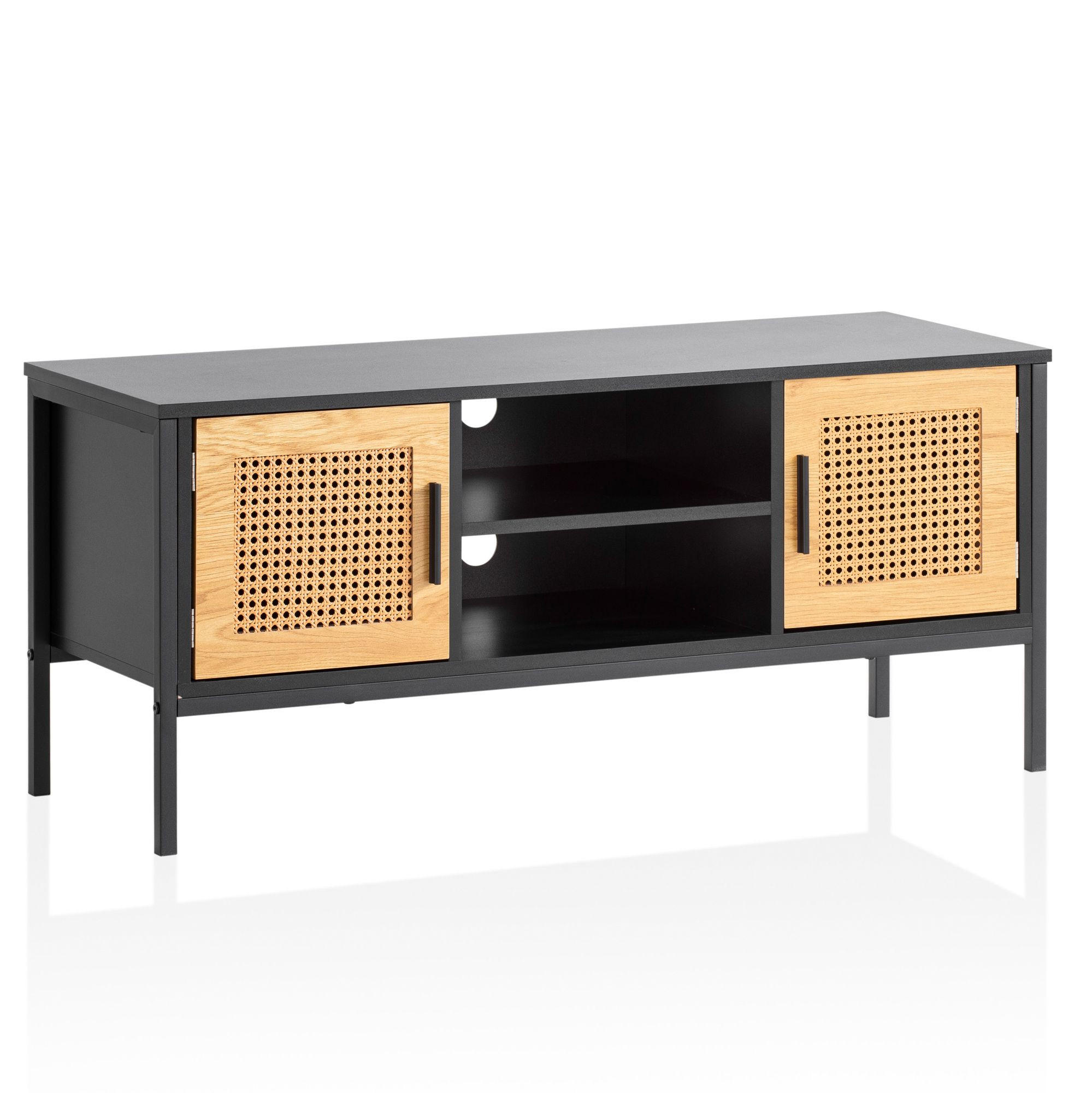 LOWBOARD Schwarz Eiche-Dekor Zeitloser Stil 110x48x40 cm mit Wiener Geflecht und Türen - Schwarz, Holzwerkstoff/Metall (110/48/40cm) - KADIMA DESIGN