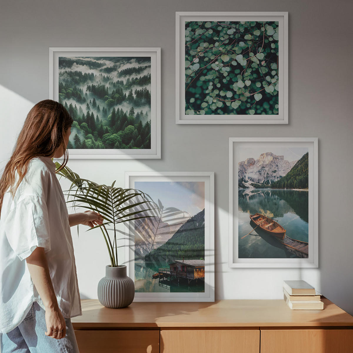 BILDER SET 4er Set - 50x50 cm & 40x60 cm Weißer Rahmen - Nebel auf dem Bergsee, Bootsfahrten, Nebel - Weiß, Kunststoff (50/50cm) - TULUP
