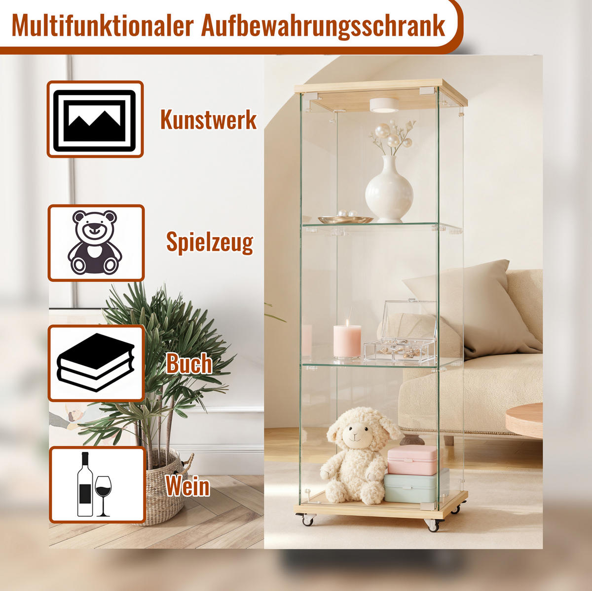 GLASVITRINE 36,5/42,5/120 cm naturfarben aus MDF und Glas mit LED-Beleuchtung - Naturfarben, Holzwerkstoff (42.5/120/36.5cm) - OKWISH