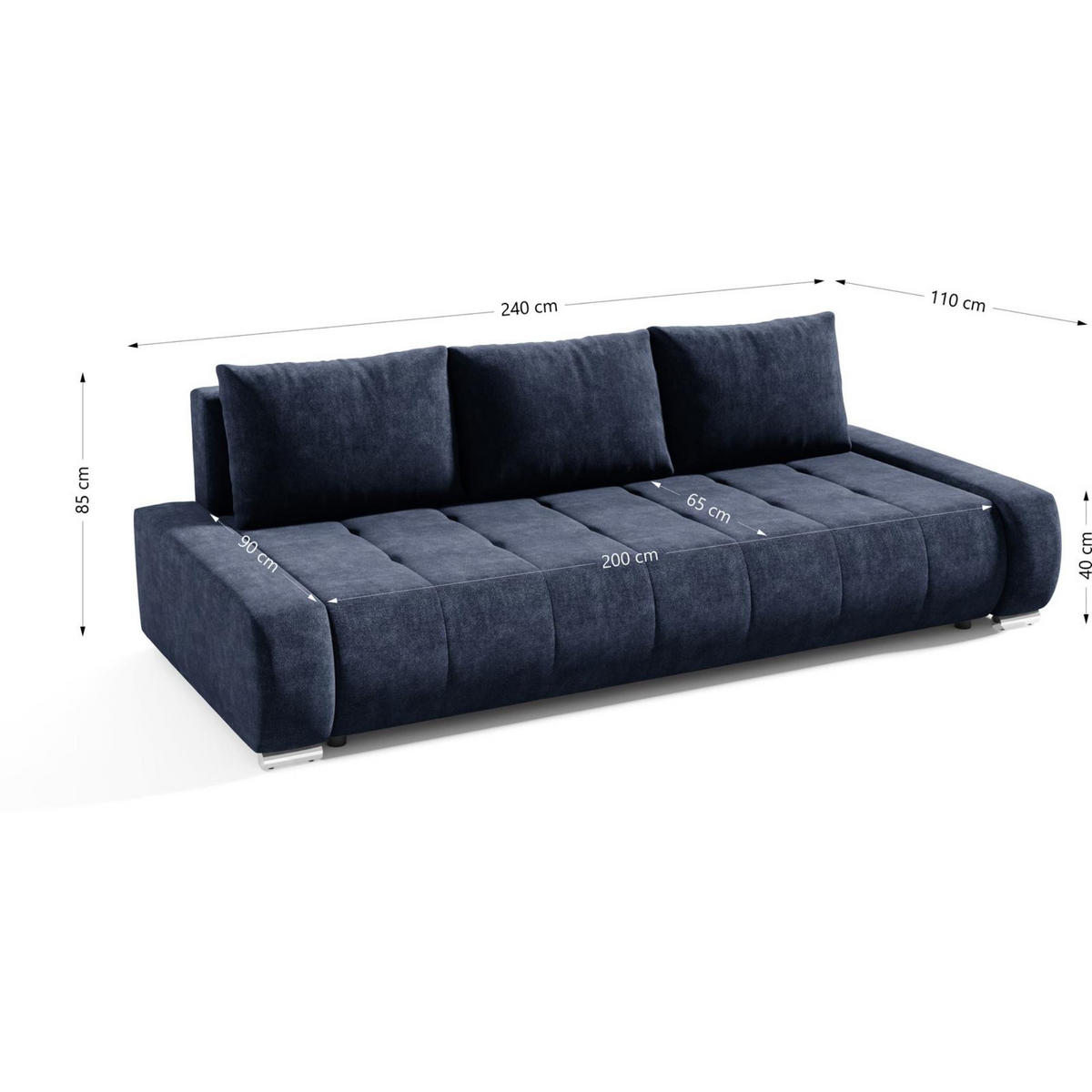 SCHLAFSOFA Draco 3-Sitzer, mit Bettkasten, Dunkelblau - Dunkelblau, Textil (240/85/110cm) - Beautysofa