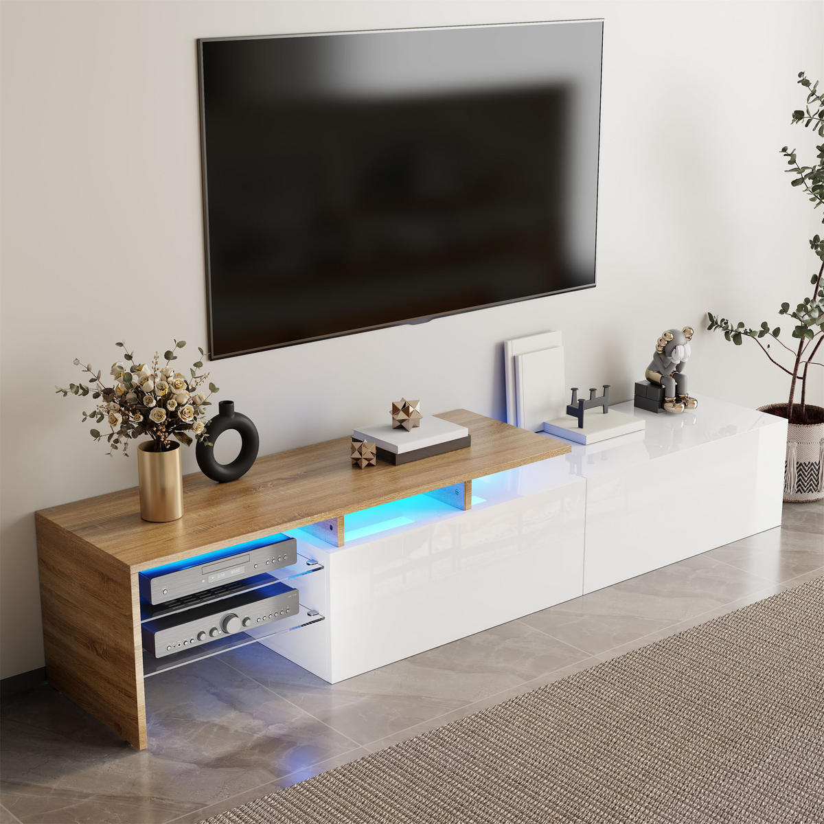 TV-ELEMENT170X33X33,5CM HochglanzWeiß mit LEDBeleuchtung und Glasböden - Naturfarben, Holz (42.19/18.42/143cm) - Raelunyi