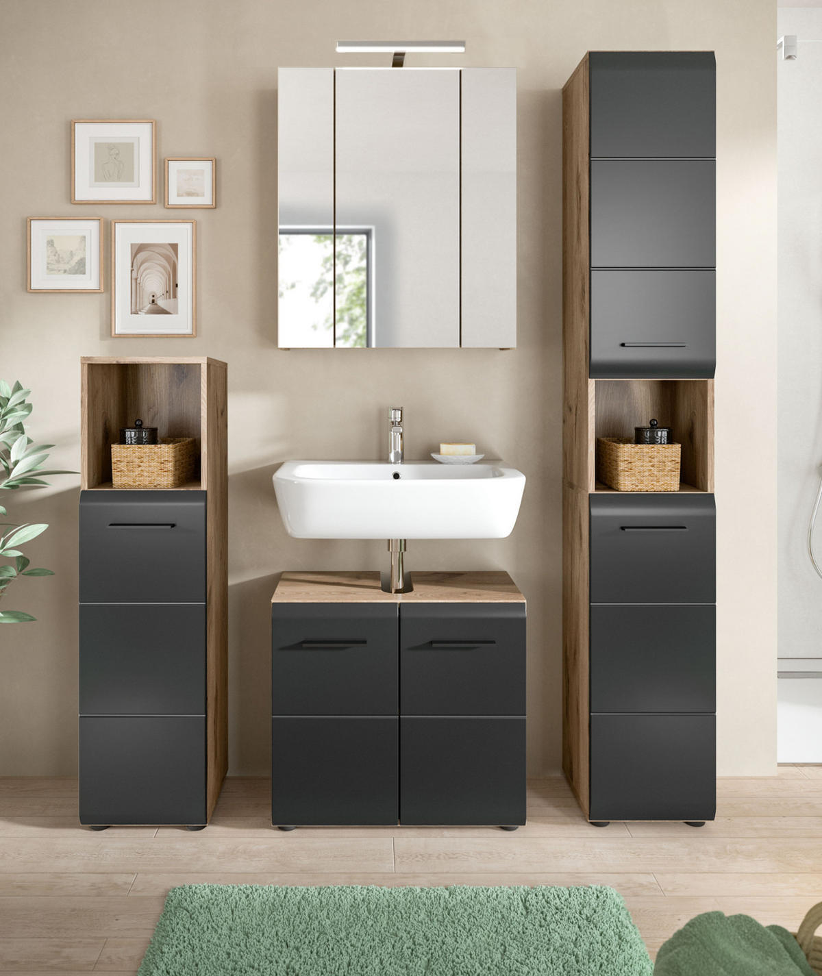 MIDISCHRANK schwarz matt, Nox Eiche, Bad Unterschrank 30 cm - Eichefarben/Schwarz, Holzwerkstoff/Kunststoff (30/110/30cm) - Inn.Furn