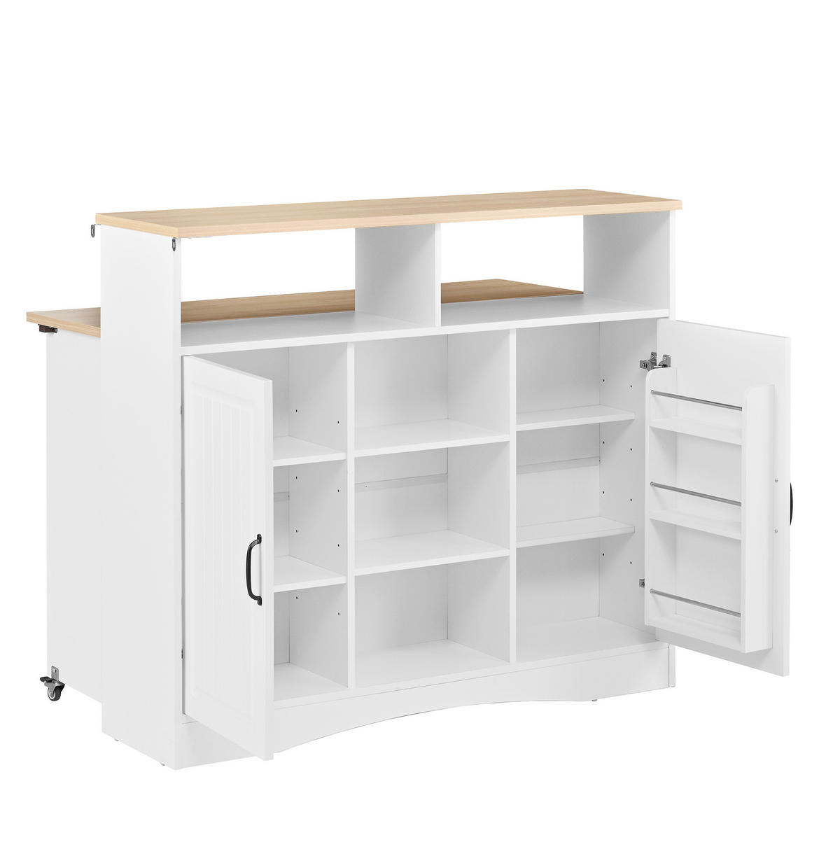 KÜCHENINSEL 110/34-68/97,5 cm mit klappbarer Arbeitsplatte, 2 Hockern und viel Stauraum, Weiß - Weiß, Holzwerkstoff (110/97.5/68cm) - Redom