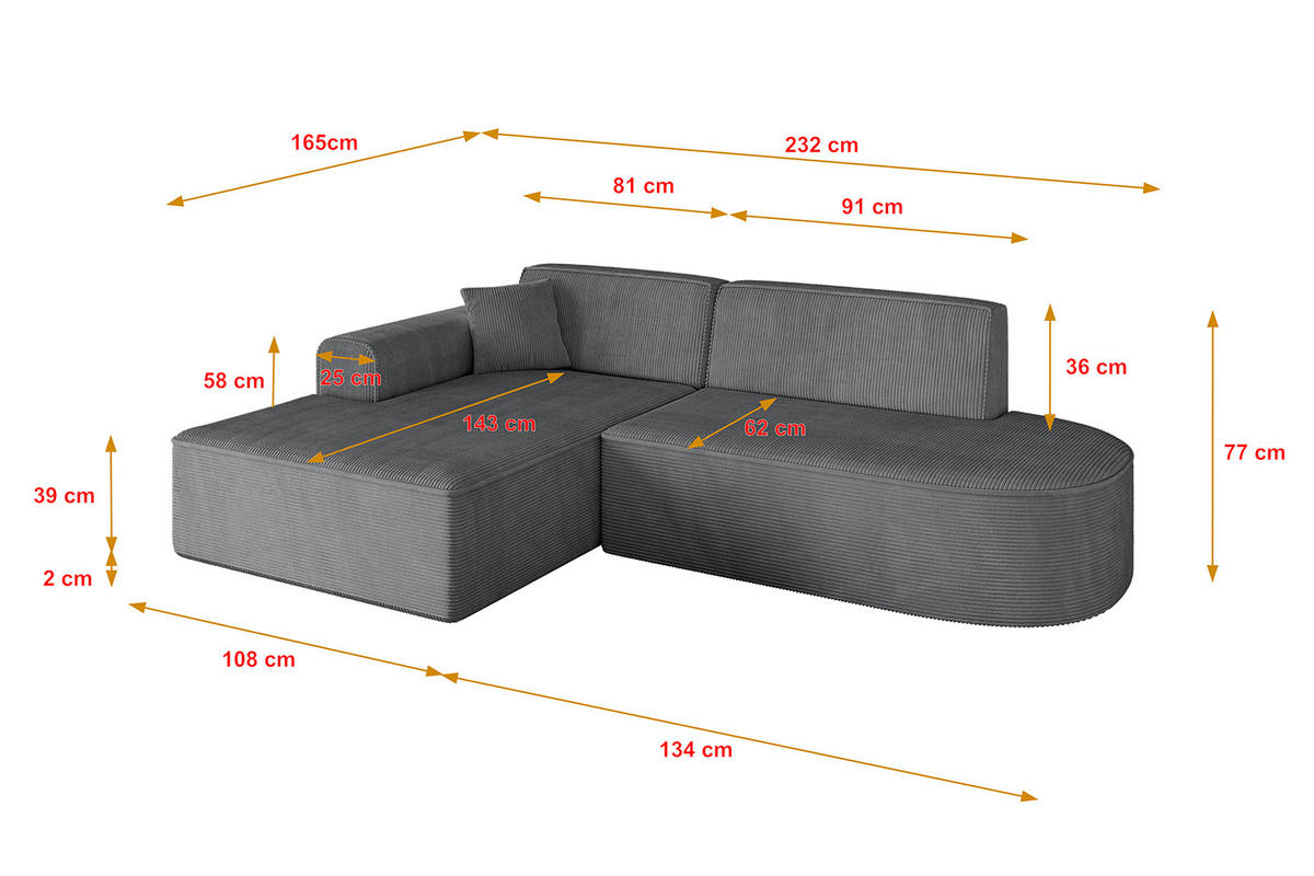 ECKSOFA Ottomane Links IREA-L1-v3 - 232x165x77 cm Duneklgrau - Dunkelgrau, Holzwerkstoff/Textil (232/165cm) - ALTDECOR