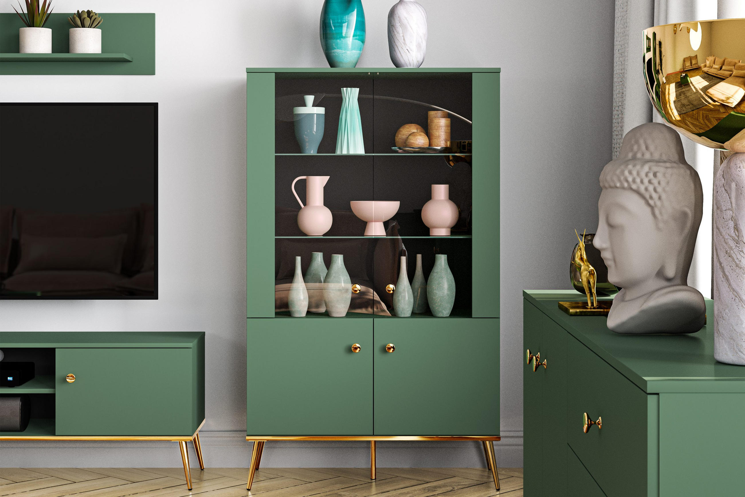 VITRINENSCHRANK ARICIA mit Glaseinlegeböden, Grün - Grün, Holz (92/152/40cm) - KONSIMO®