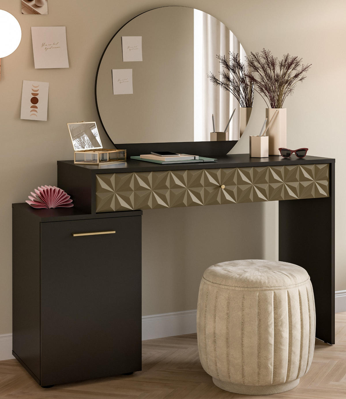 SCHMINKTISCH schwarz, Gold 117 cm mit Spiegel - Goldfarben/Schwarz, Holzwerkstoff/Kunststoff (117/137/42cm) - Inn.Furn