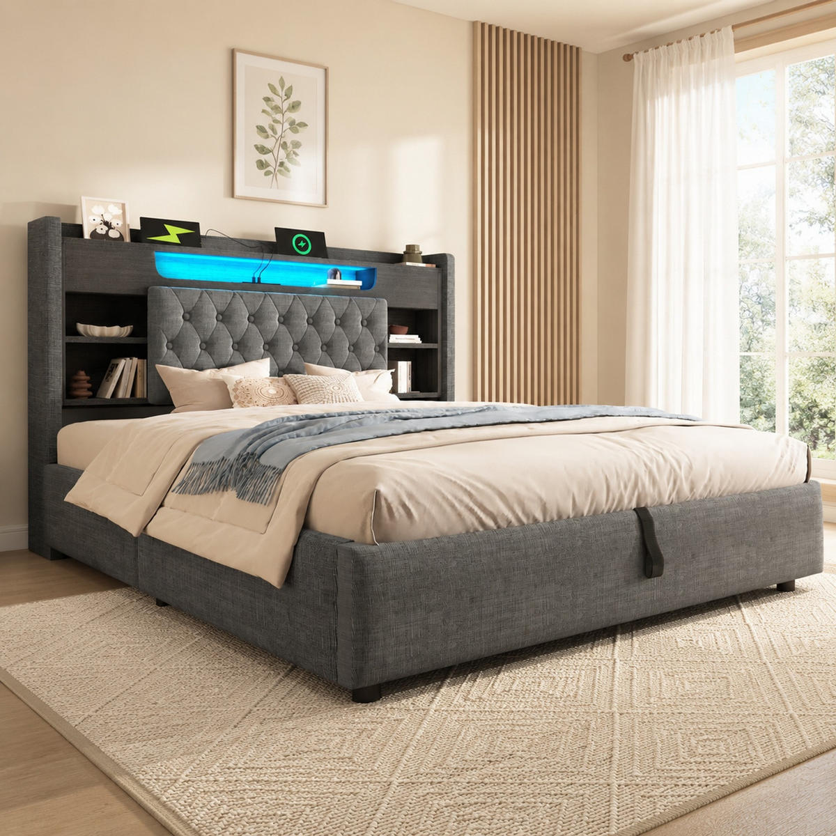 POLSTERBETT 140/200 mit Bettkasten, LED und USB-Anschlüssen in Grau - Grau, Holzwerkstoff/Textil (140/200cm) - EVRYAE