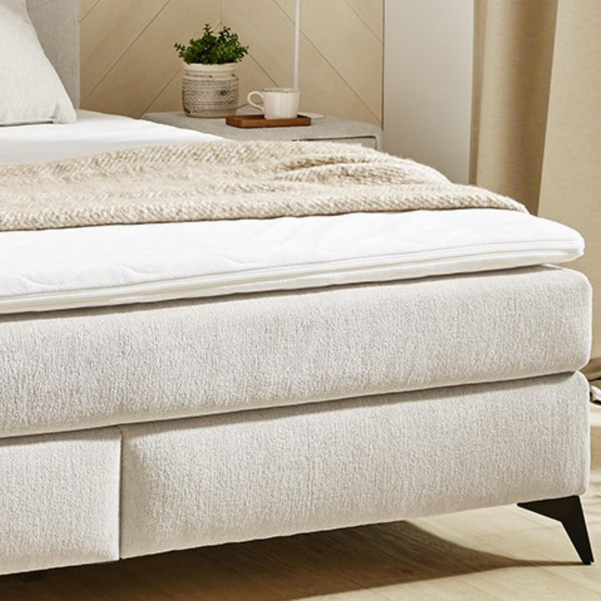 BOXSPRINGBETT 180x200 cm, 7-Zonen-Tonnentaschen-Federkernmatratzen H3+H4, Topper, Bonell-Federkern, Beleuchtung, USB-Ladeports, Chenille Beige / 20016 - Beige/Schwarz, Textil/Metall (180/200cm) - luma-home