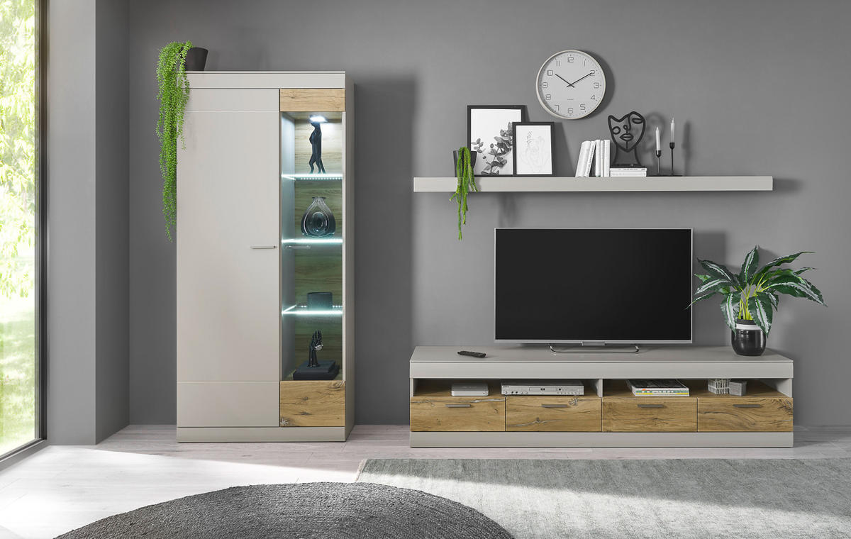 VITRINE grau matt, Zinneiche 90 cm, Vitrinenschrank mit Soft-Close - Eichefarben/Silberfarben, Glas/Holzwerkstoff (90/199/35cm) - Furn.Design