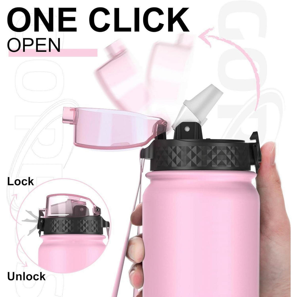 THERMOSFLASCHE 1 Liter mit Strohhalm und Trageriemen, Edelstahl, auslaufsicher, BPA-frei, Rosa/Lila - Multicolor, Metall (8/8cm)