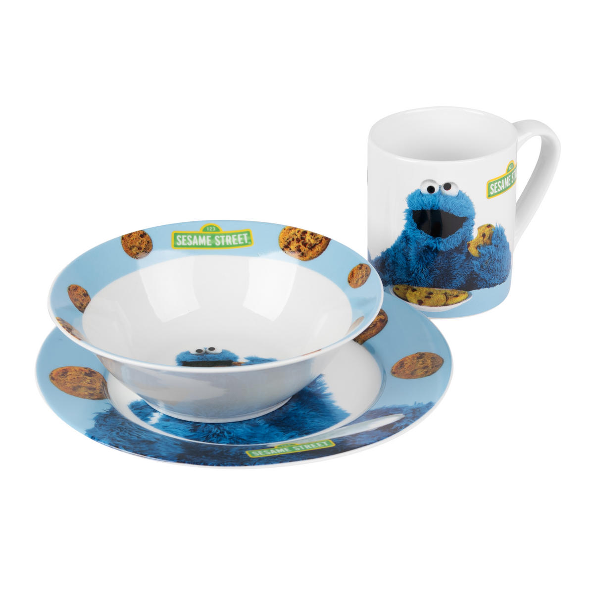 FRÜHSTÜCKSSET Sesamstraße Krümelmonster Blau 3-teilig - Blau, Keramik (23.8/11.2/23.3cm) - United Labels