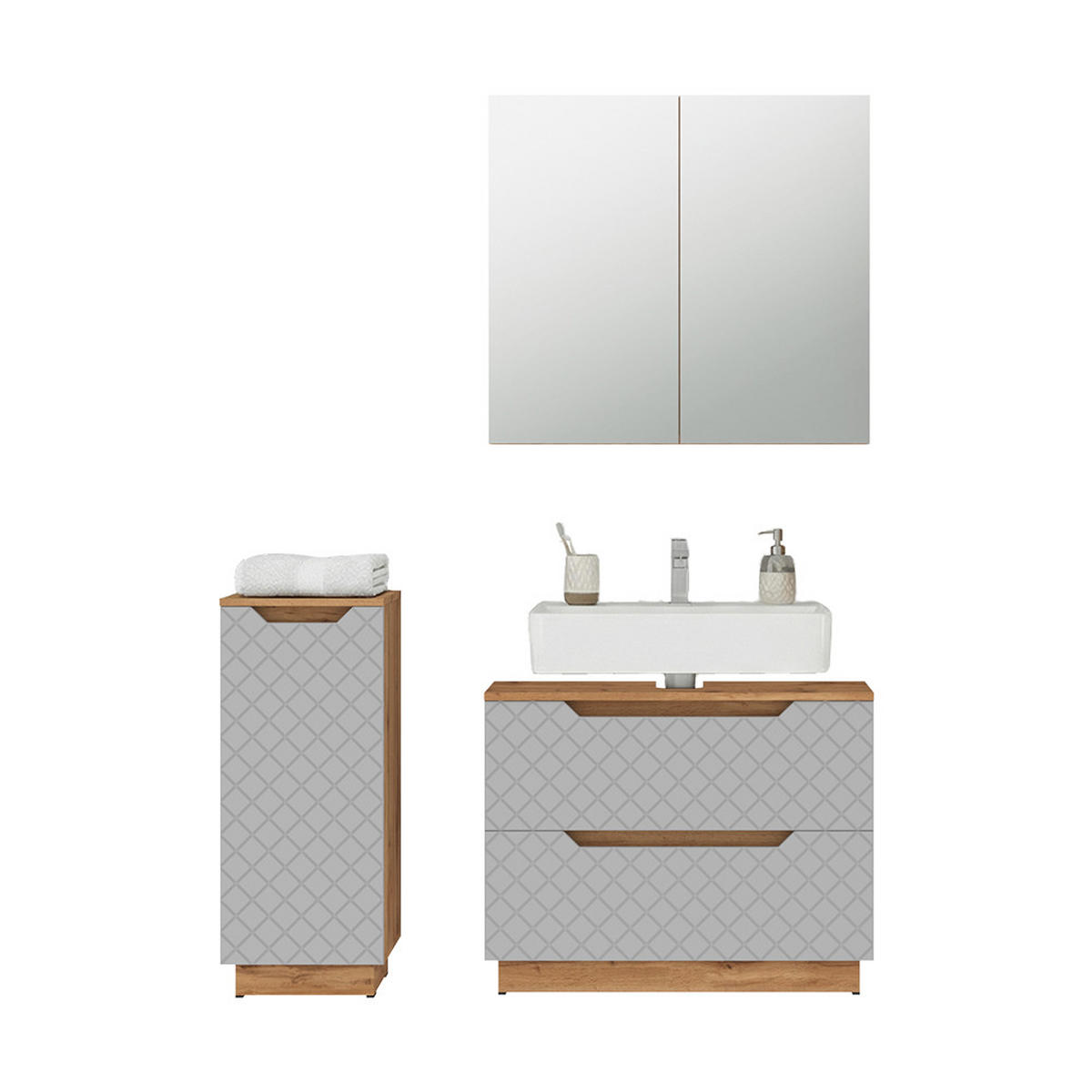 BADMÖBEL-SET Lotta Eiche/Grau mit Kachelstruktur 3 Teile - Grau, Holzwerkstoff (79.6/62.5/32cm) - Vicco