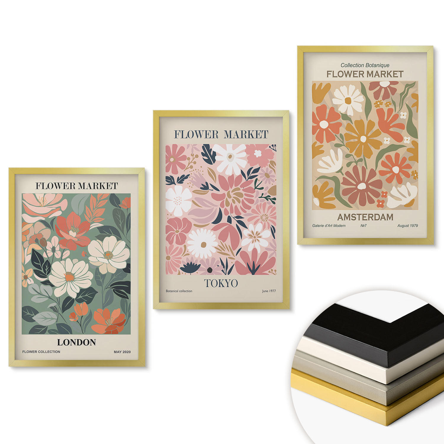 WANDBILDER 3er Set - 40x60 cm Goldrahmen - Blumenmuster London Tokio Amsterdam - Goldfarben, Kunststoff (40/60cm) - ArtPrintCave