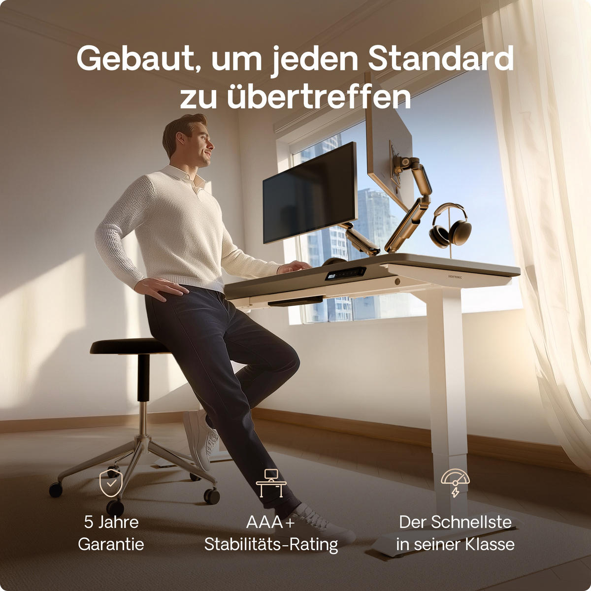 SCHREIBTISCH Elektrisch Höhenverstellbarer HomePro 160x80cm Weiß/Grau mit Memory-Funktion, Anti-Kollisions Technologie - Weiß/Grau, Holzwerkstoff (80/160/62cm) - Desktronic