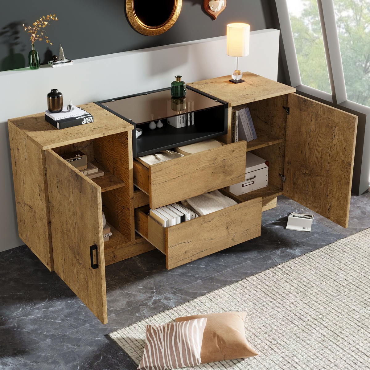 SIDEBOARD in Eichefarben mit 2 Schubladen und 2 Schränken für Schlafzimmer, B140/T40/H70 cm - Eichefarben, Glas/Holzwerkstoff (140/70/40cm) - STILVORA
