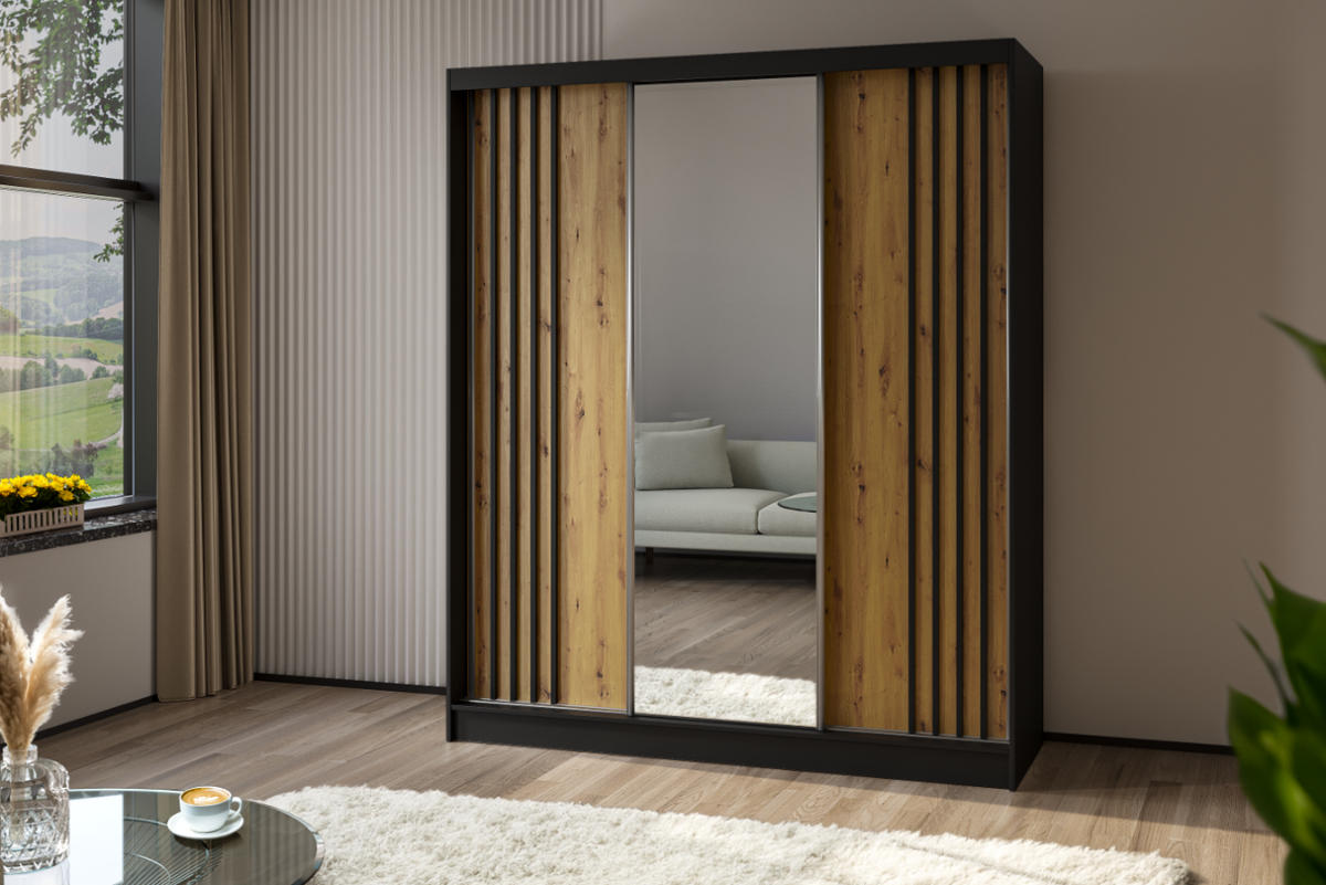 SCHWEBETÜRENSCHRANK Neli 180 cm mit Lamellen und Spiegel 3-türig, schwarz, Artisan, Lamelle schwarz - Schwarz/Braun, Kunststoff (180/216/61cm) - Margaret Hadas24