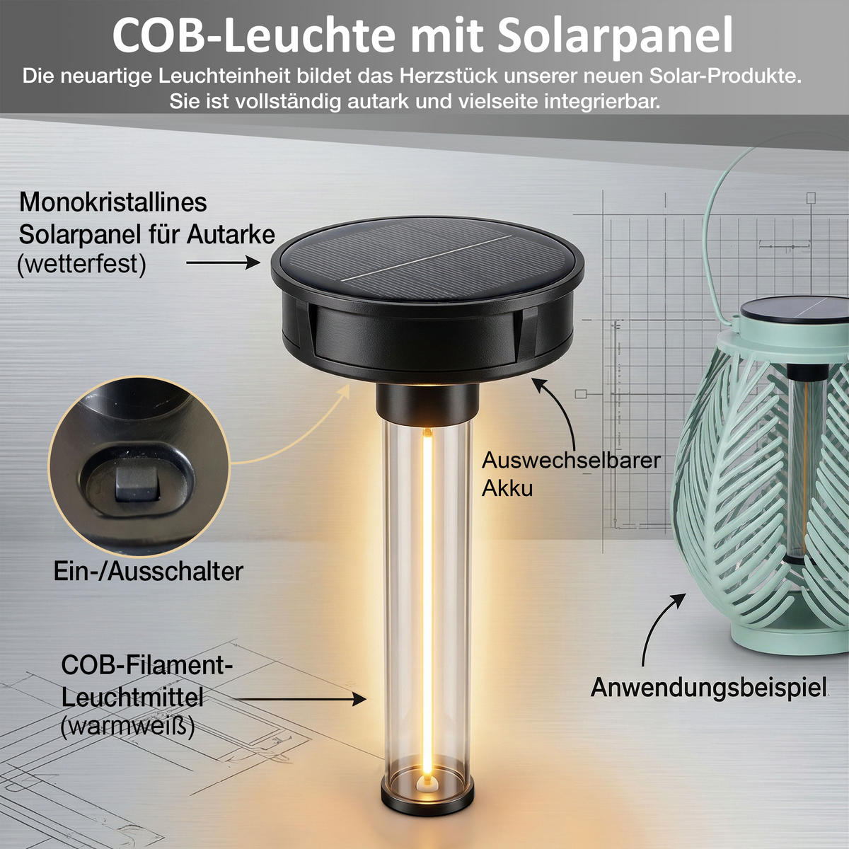 LED-LATERNE Gartenleuchte COB-LED Metall Ø 19 x 22 cm ELBLIGHT Farn-Blätter - Mintgrün, Metall (19/19/22cm) - Northpoint