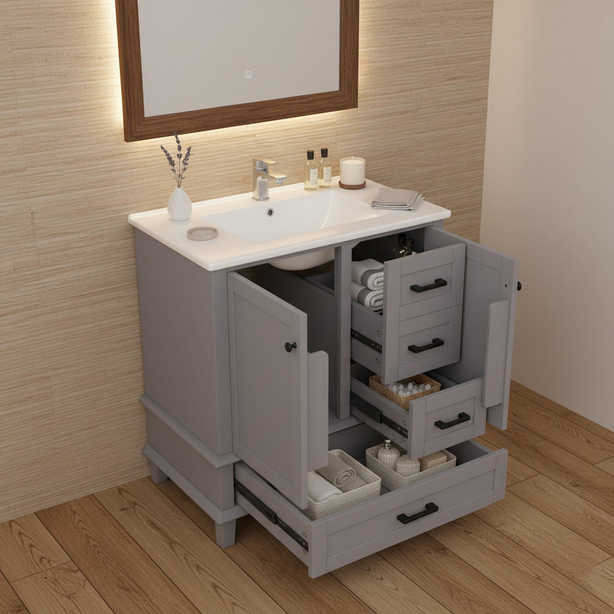 WASCHTISCHKOMBI Grau freistehend mit Keramikbecken & 3 Schubladen - Grau, Keramik/Holzwerkstoff (76/83.5/46cm) - Urban Meuble