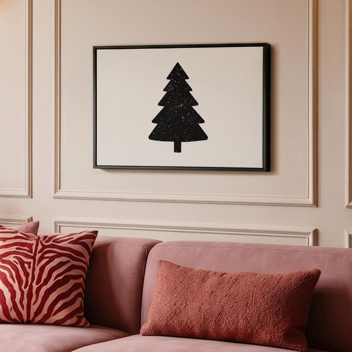 LEINWAND Bilder mit Rahmen - Weihnachtsbaum - Schwarz - Urlaub - Beige - 60x40 - Schwarz, Textil (60/40cm) - MuchoWow