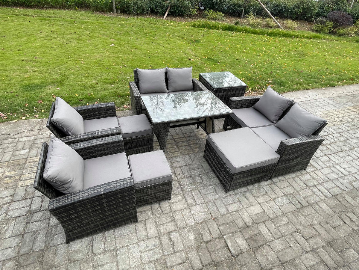 GARTENMÖBELSET mit ESSTISCH,HOCHLEHNER-SOFA Polyrattan Dunkelgrauer Mix 9-Sitzer - Dunkelgrau/Grau, Glas/Kunststoff - Fimous