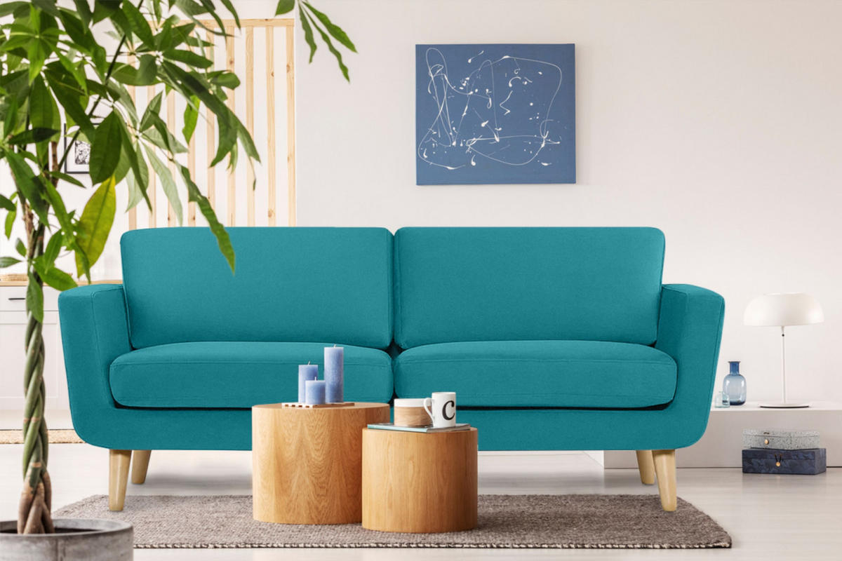 3-SITZER-SOFA TAGIO mit Armlehnen, Türkisblau - Türkis/Braun, Buchenholz/Textil (88/80/190cm) - KONSIMO®