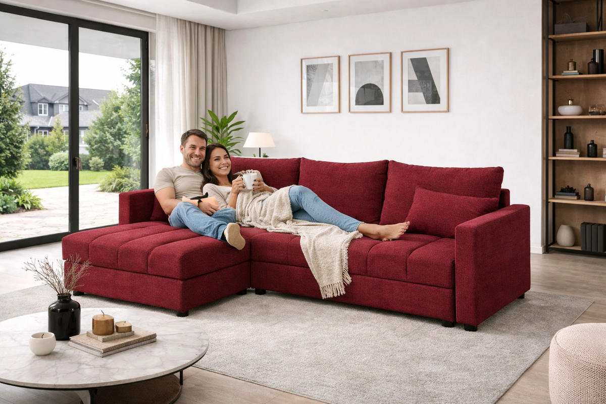 WOHNLANDSCHAFT AURELIA– Ecksofa in L-Form mit Schlaffunktion Bettkasten & Kissen Stoff KRONOS 226 cm Rot - Rot, Kunststoff (226/140cm) - Wohnideebilder
