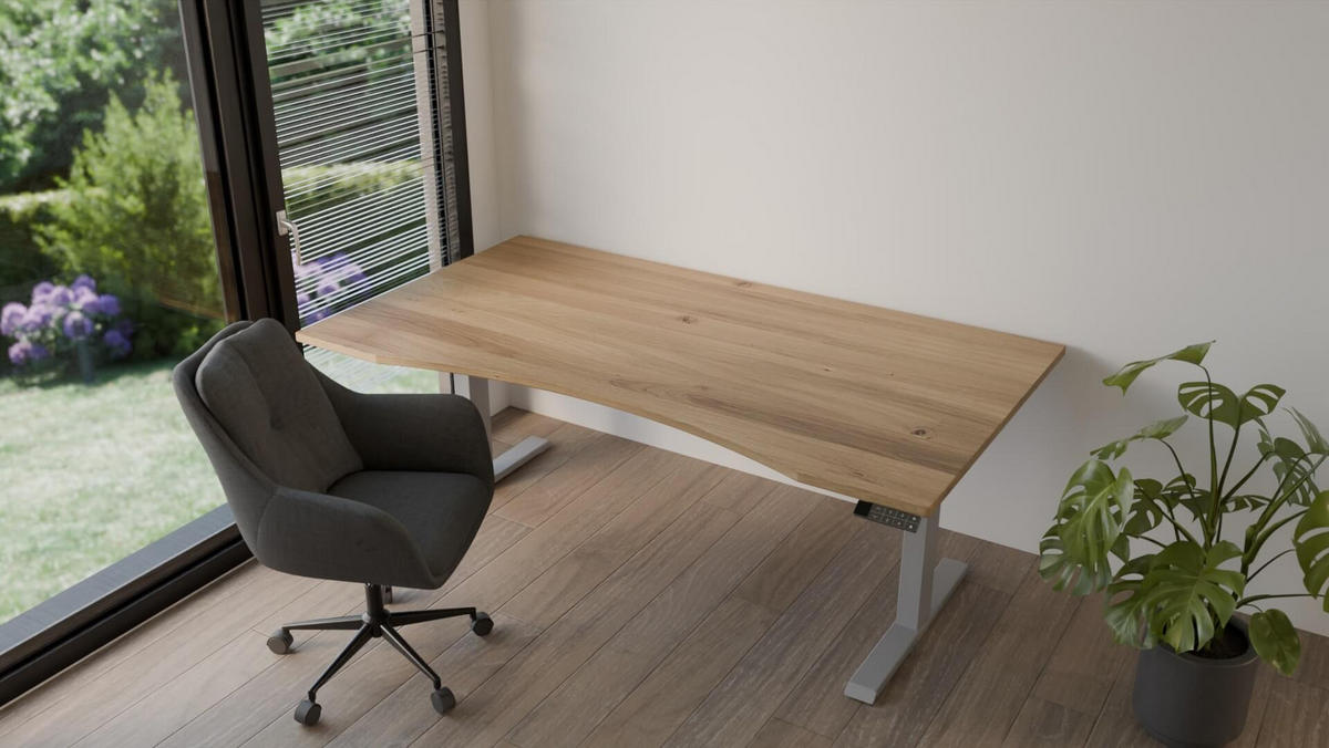 SCHREIBTISCH 150/80 elektrisch höhenverstellbar aus Wildeiche - Silber - Braun/Grau, Holz (80/150/72.5cm) - MeinMassivholz