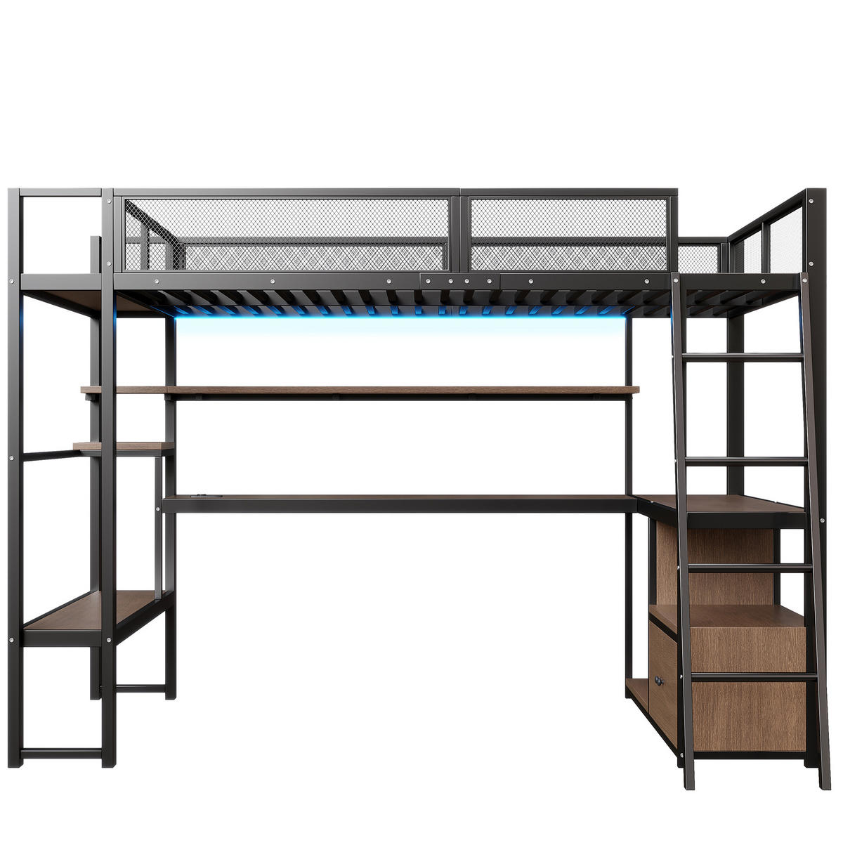 HOCHBETT 140/200 cm mit Schreibtisch, LED-Beleuchtung, Ladestation und Stauraum, Schwarz - Schwarz, Holzwerkstoff (140/200cm) - Redom