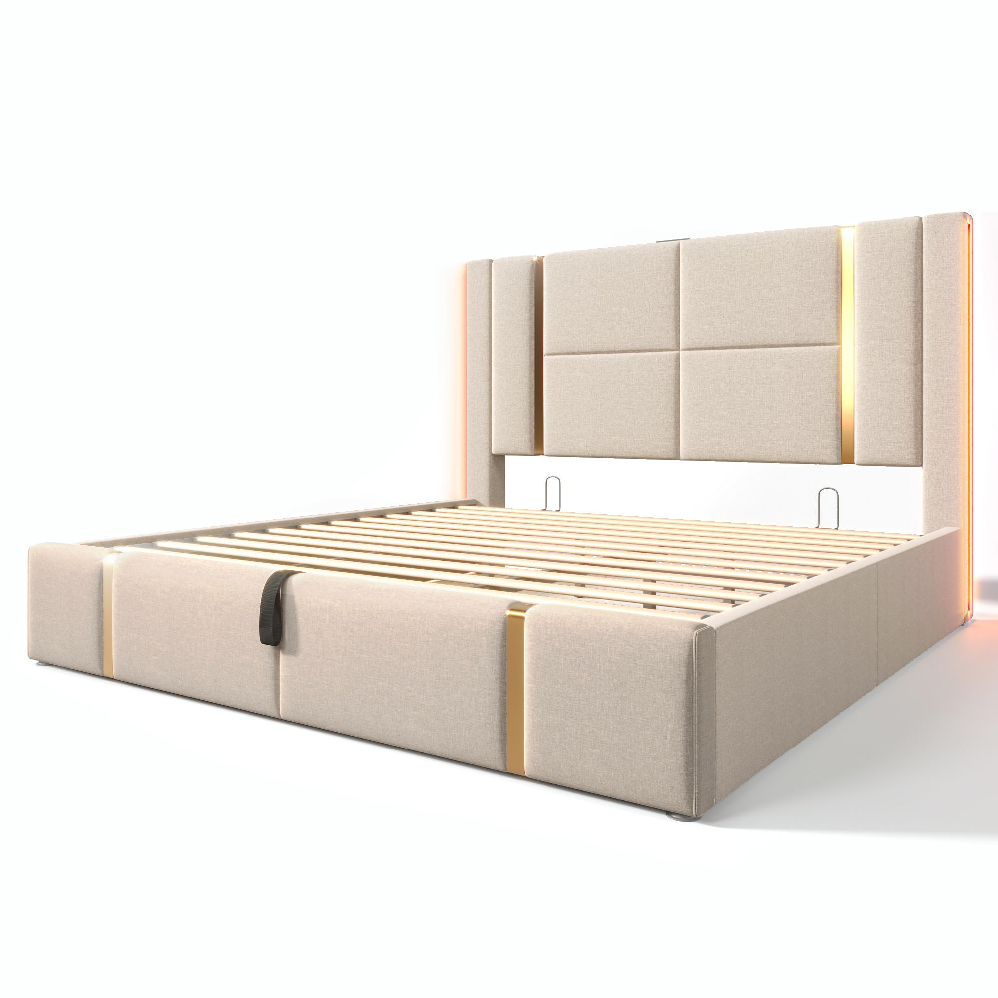 STAURAUMBETT 160/200 cm DE-00520, in Beige, LED und hydraulischem Bettkasten - Beige, Metall (160/200cm) - ComfortXL