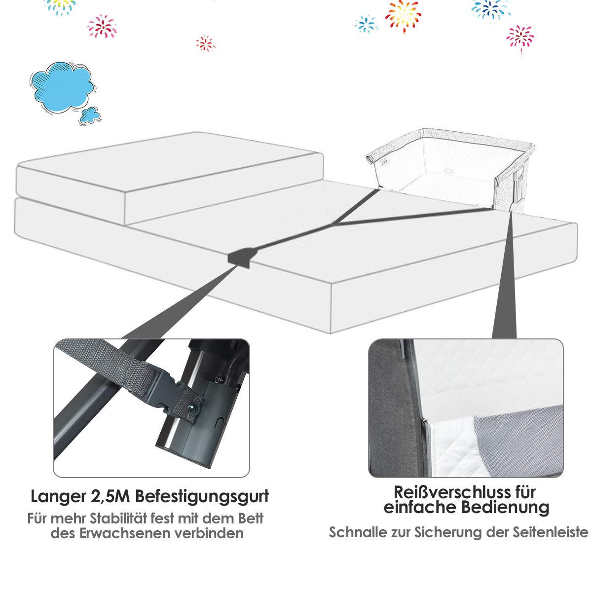 BABYBETT Beistellbett Grau - Grau, Textil - COSTWAY