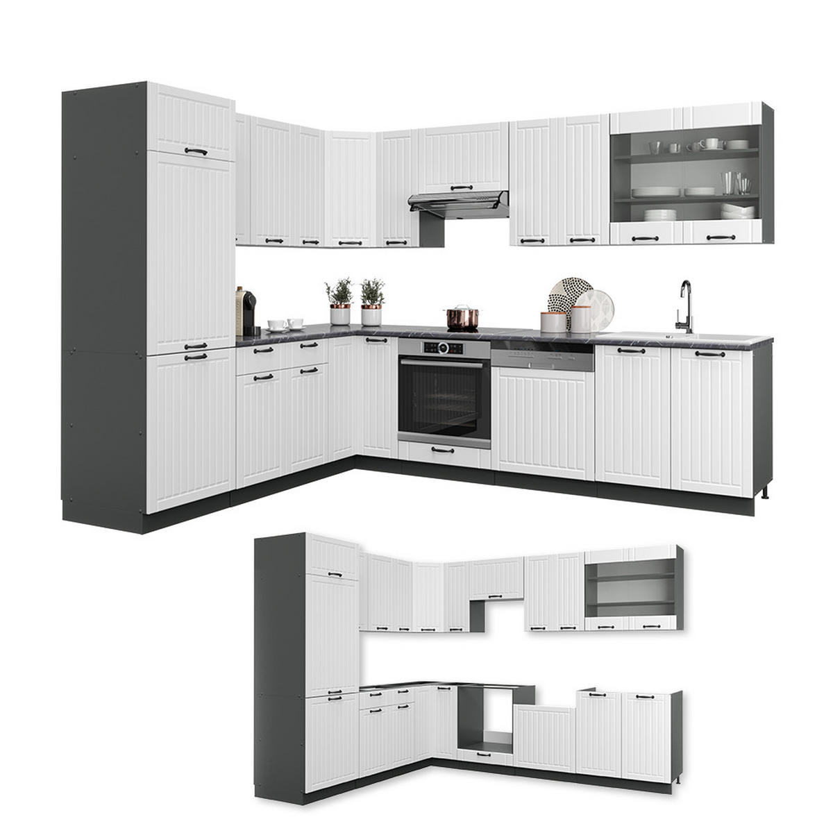 ECKKÜCHE Fame-Line Weiß Landhaus/Anthrazit 227 x 60 cm ohne AP - Anthrazit/Weiß, Holzwerkstoff (287/81.6/46cm) - Vicco