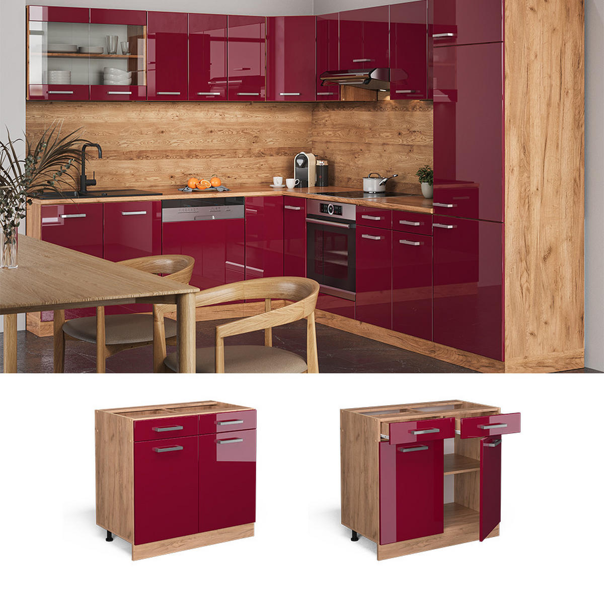 KÜCHENUNTERSCHRANK R-Line Bordeaux Hochglanz 80 cm AP Marmor - Bordeaux/Eiche Wotan, Holzwerkstoff (80/81.6/60cm) - Vicco