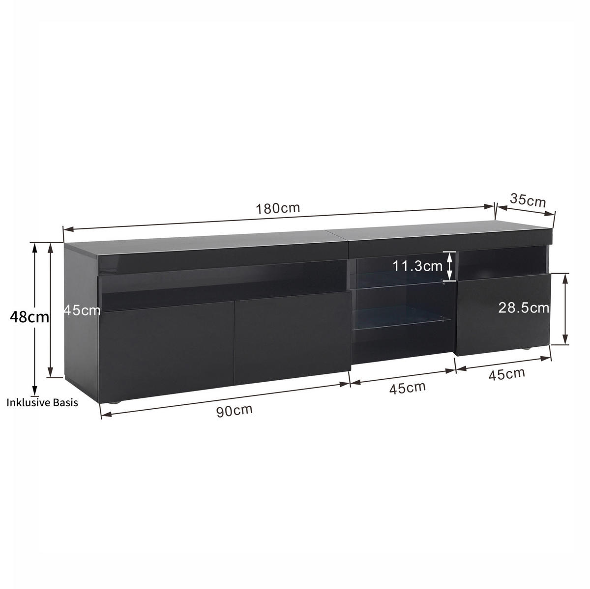 LOWBOARD 180/35/48 cm Schwarz aus MDF mit variabler LED-Beleuchtung - Schwarz, Holzwerkstoff (35/48/180cm) - OKMYHOME
