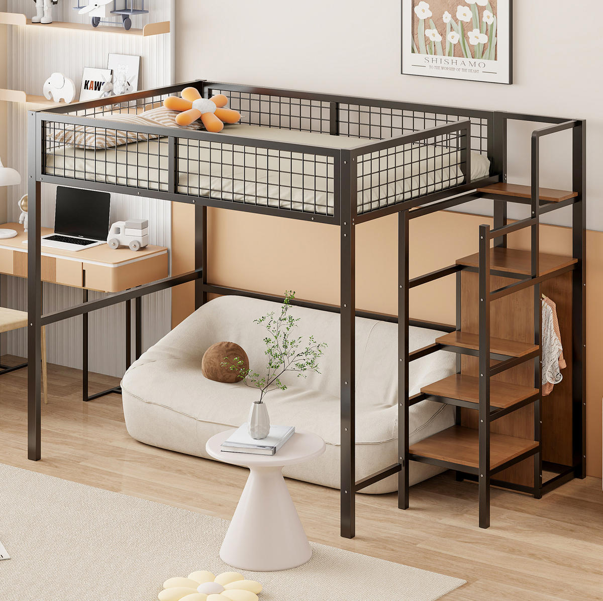 HOCHBETT 140/200 cm aus Metall mit Leiter und Kleiderschrank, Schwarz - Schwarz, Metall (140/200cm) - Flora Grace