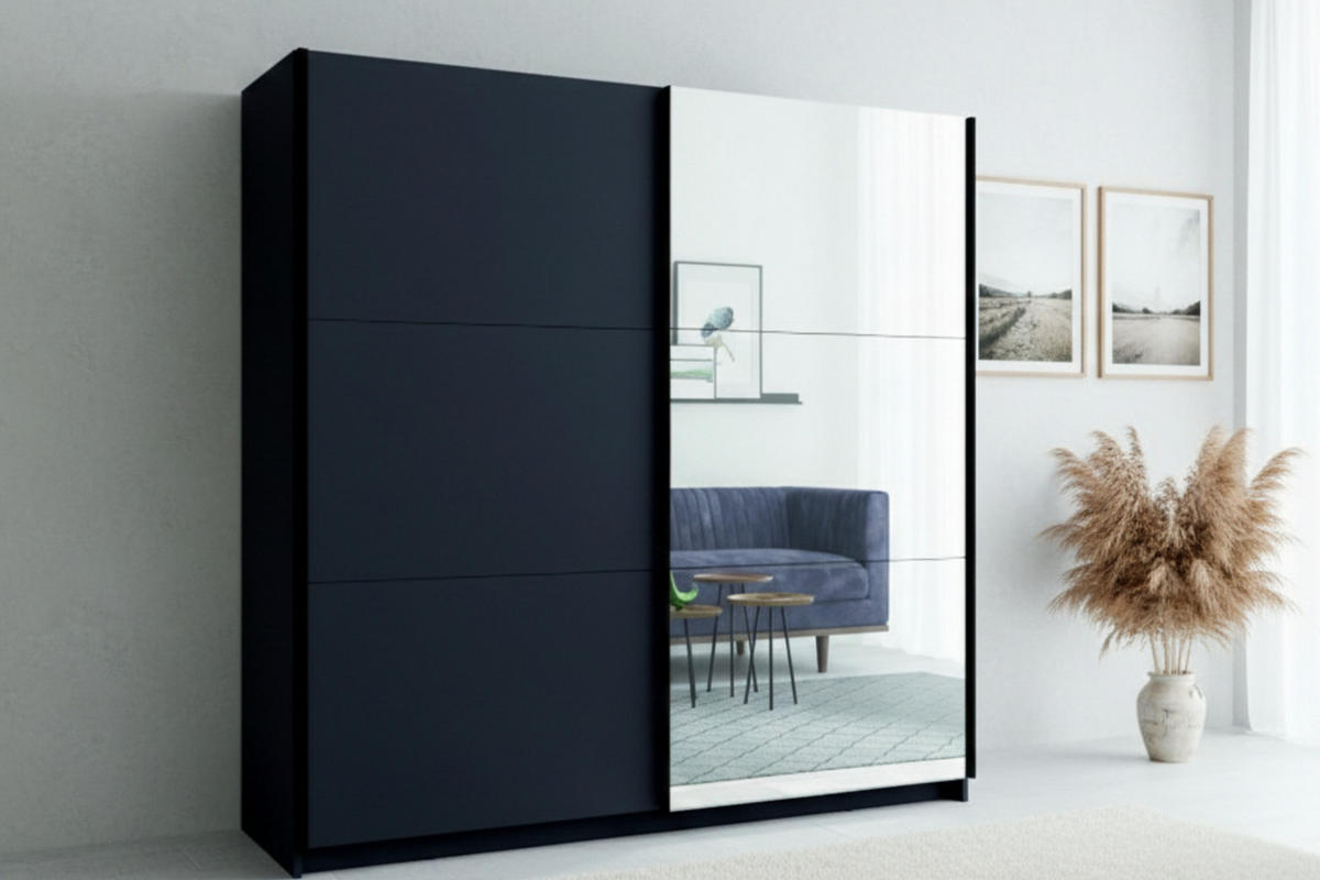 SCHWEBETÜRENSCHRANK ARLO I 150/207 cm in Graphit mit Spiegel - Graphitfarben, Holzwerkstoff (151/59/207cm) - Deine Möbel 24