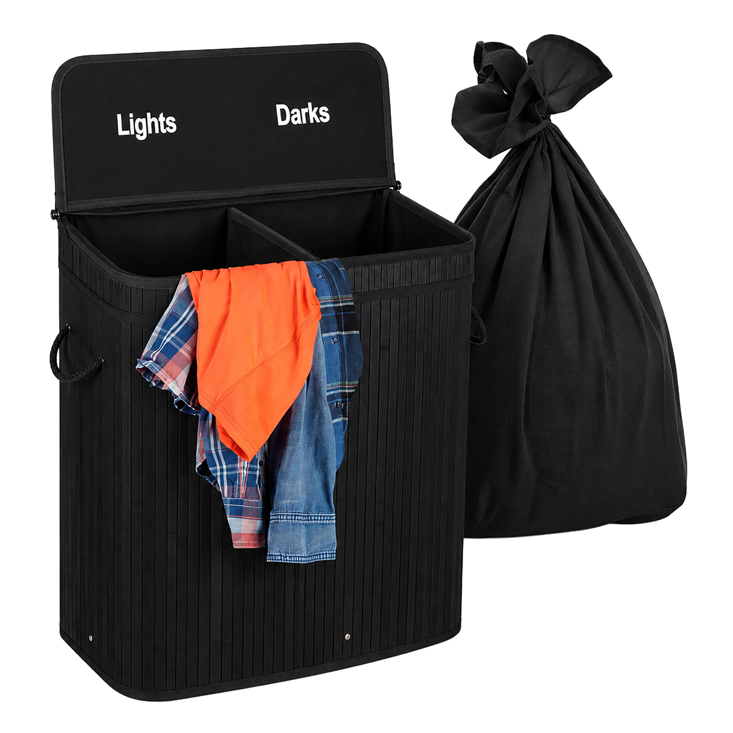 WÄSCHEKORB Schwarz Bambus 2 Fächer mit Deckel - Schwarz, Holz/Textil (52/60/32cm) - Relaxdays