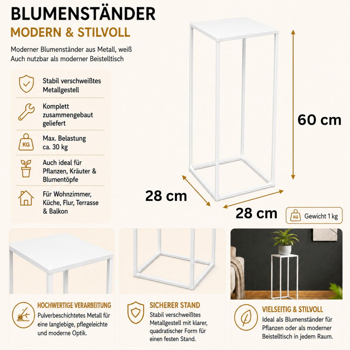 DANDIBO Blumenhocker Metall Weiß Eckig 60 cm Blumenständer Beistelltisch 96482 M Blumensäule Modern Pflanzenständer Pflanzenhocker - Weiß, Metall (23/60/23cm) - DanDiBo