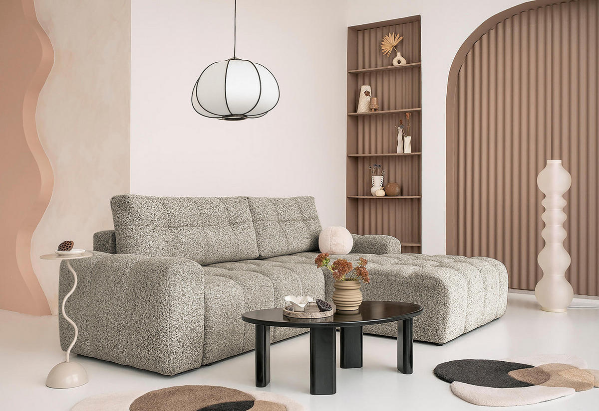 ECKSOFA mit Schlaffunktion - Strukturstoff - Beige/Schwarz, Kunststoff/Textil (268/184cm) - home24