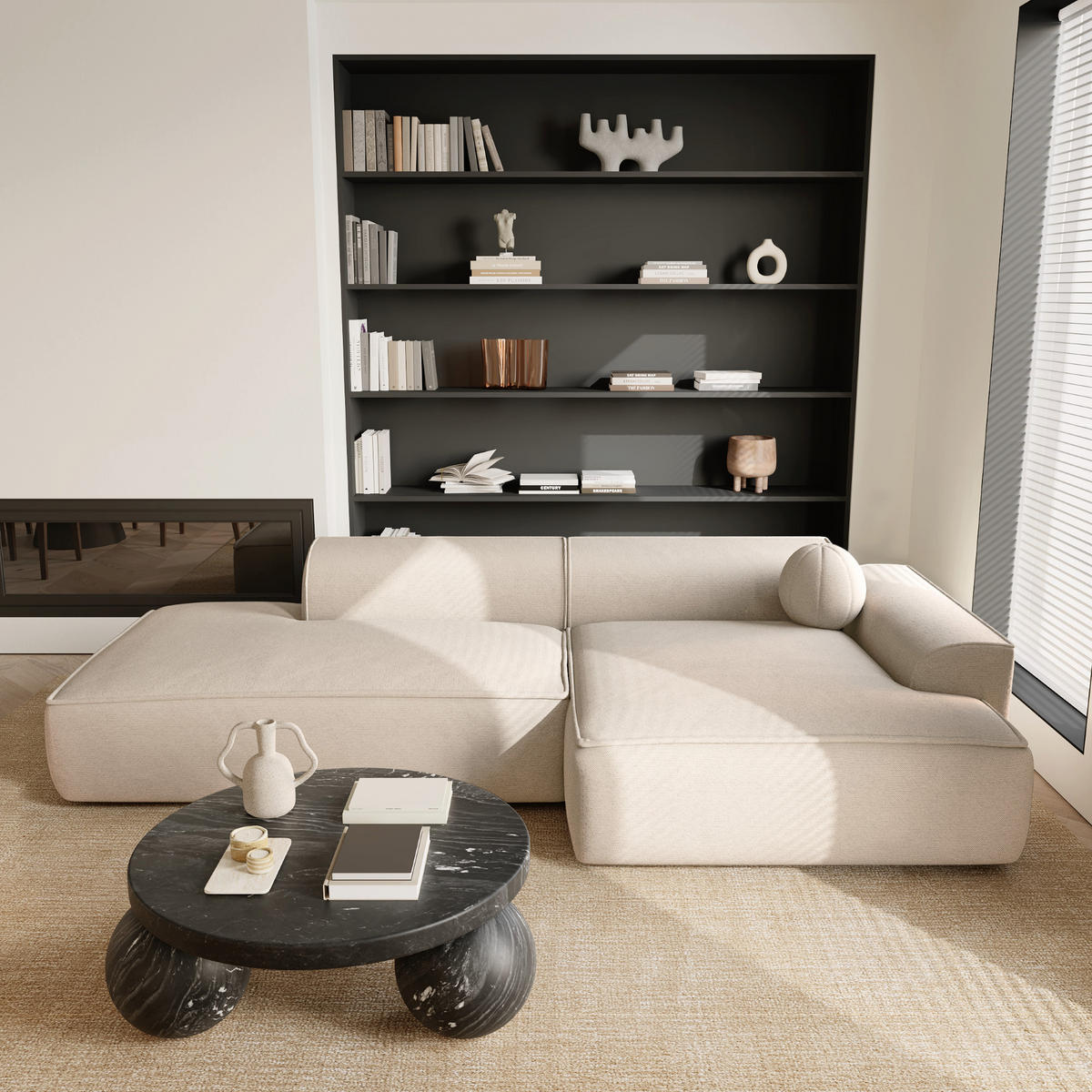 ECKSOFA RECHTS Rastergewebe Creme 300cm - Creme, Textil (300/155cm) - Sia Home
